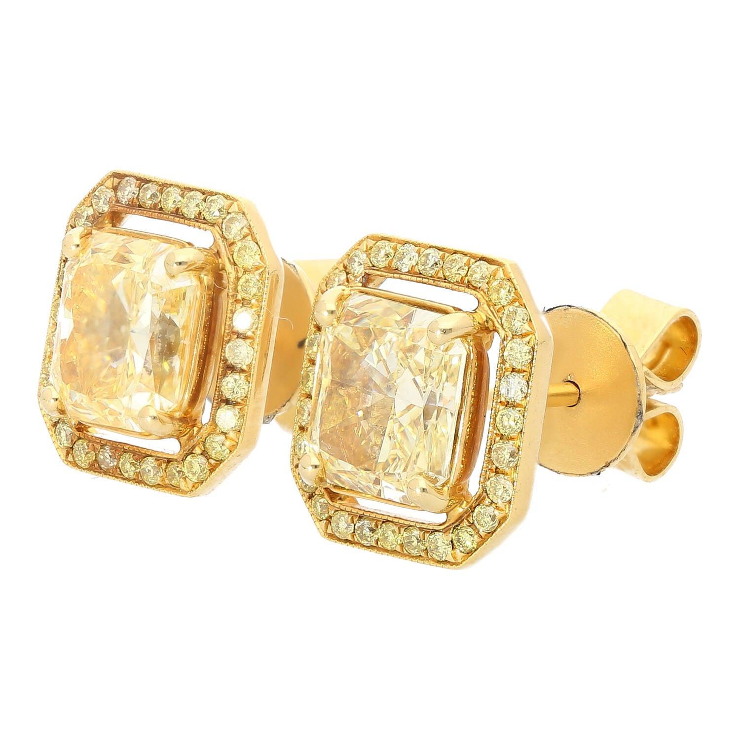 GIA Certified Natural 3 Carat TW Fancy Yellow Diamond Radiant Cut Stud Earrings in 18K Gold