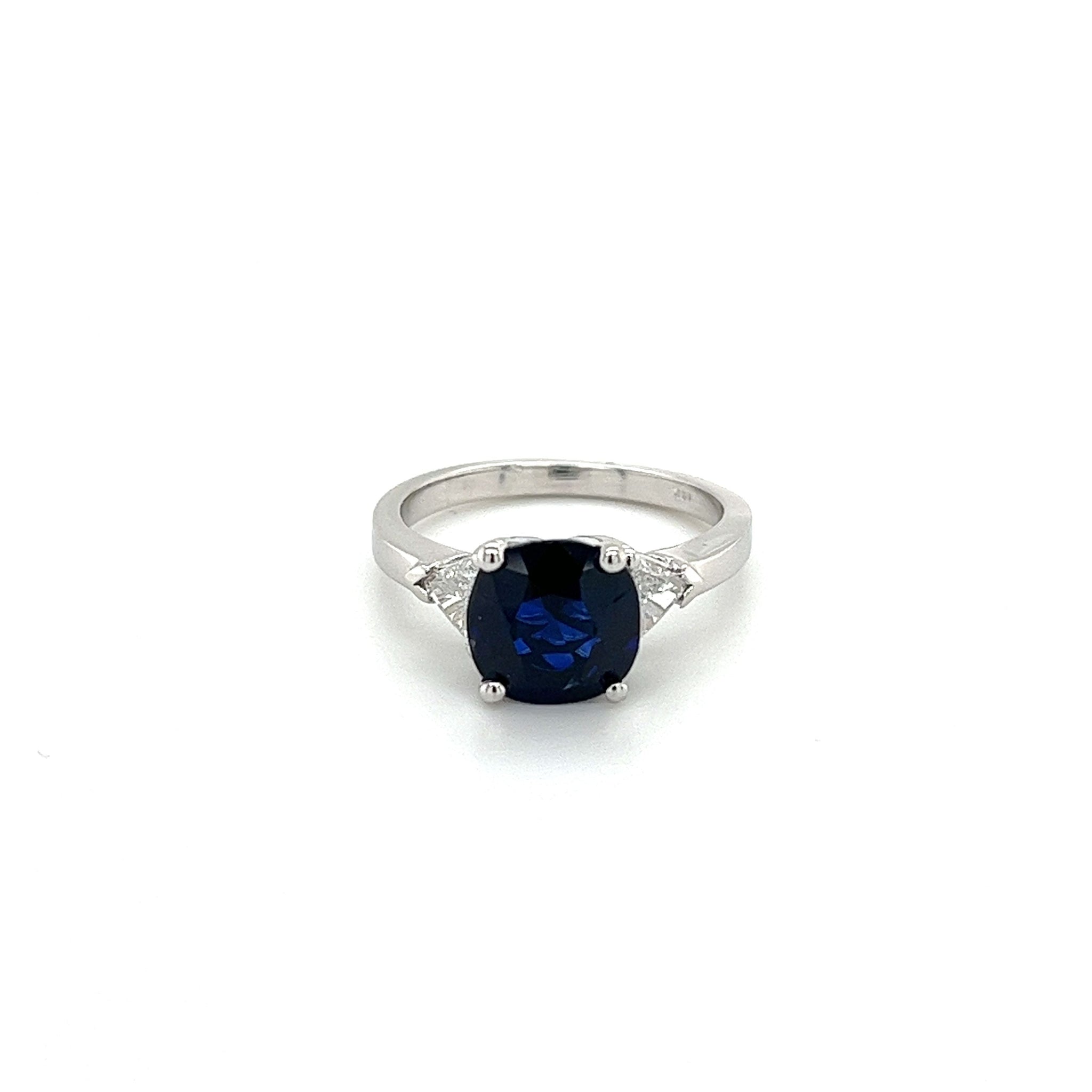 GIA Certified No Heat Blue Sapphire & Trillion Cut Diamond 3-Stone Engagement Ring-Rings-ASSAY
