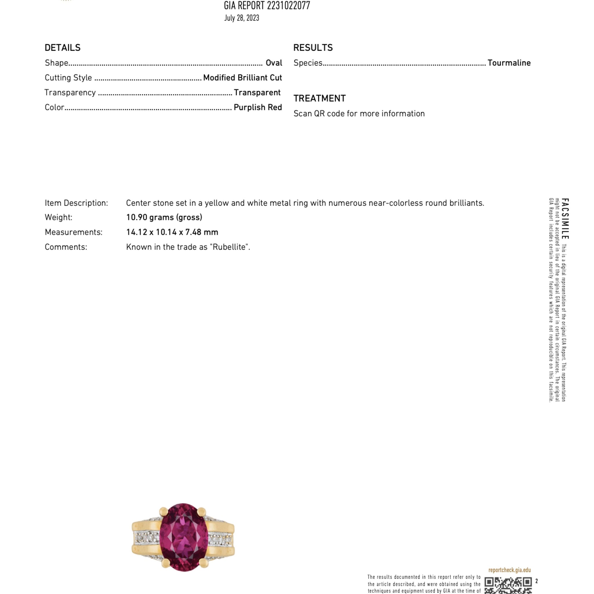 GIA Certified Oval Cut 7 Carat Purplish Red Tourmaline Ring with Diamond Sides in 18K Gold