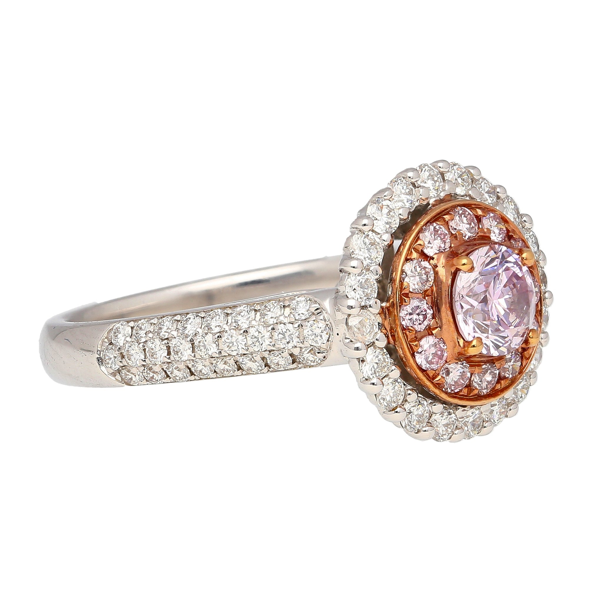 GIA Certified Round Cut Fancy Pink-Purple Diamond Ring with Diamond Halo