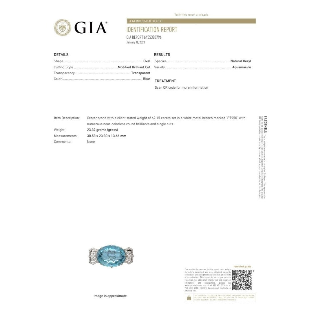 GIA Certified Vintage 62 Carat Aquamarine with Diamond Platinum Brooch/Pin