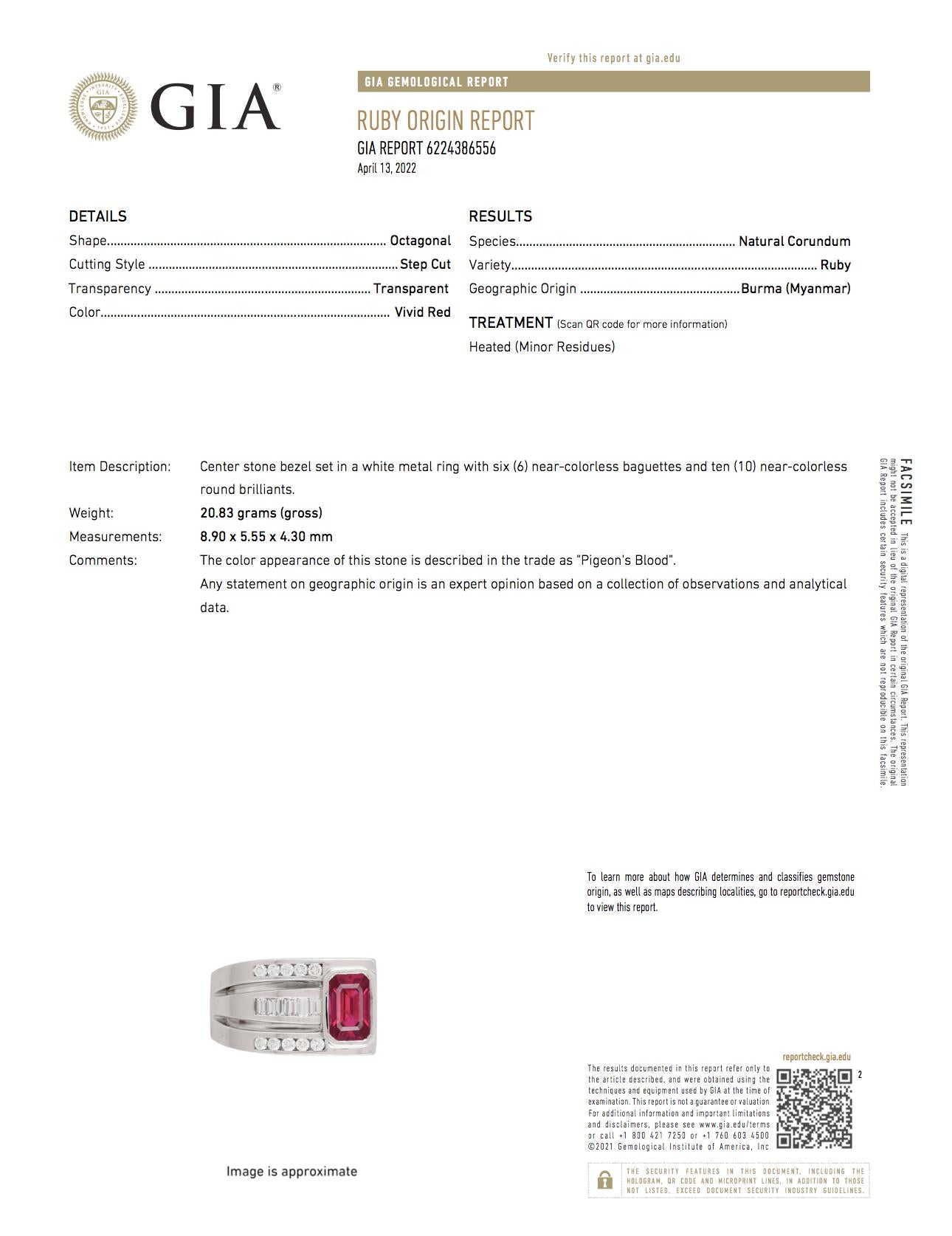 GIA Certified Vivid Red Pigeons Blood Burma Ruby in Bezel Set Platinum Ring-Rings-ASSAY