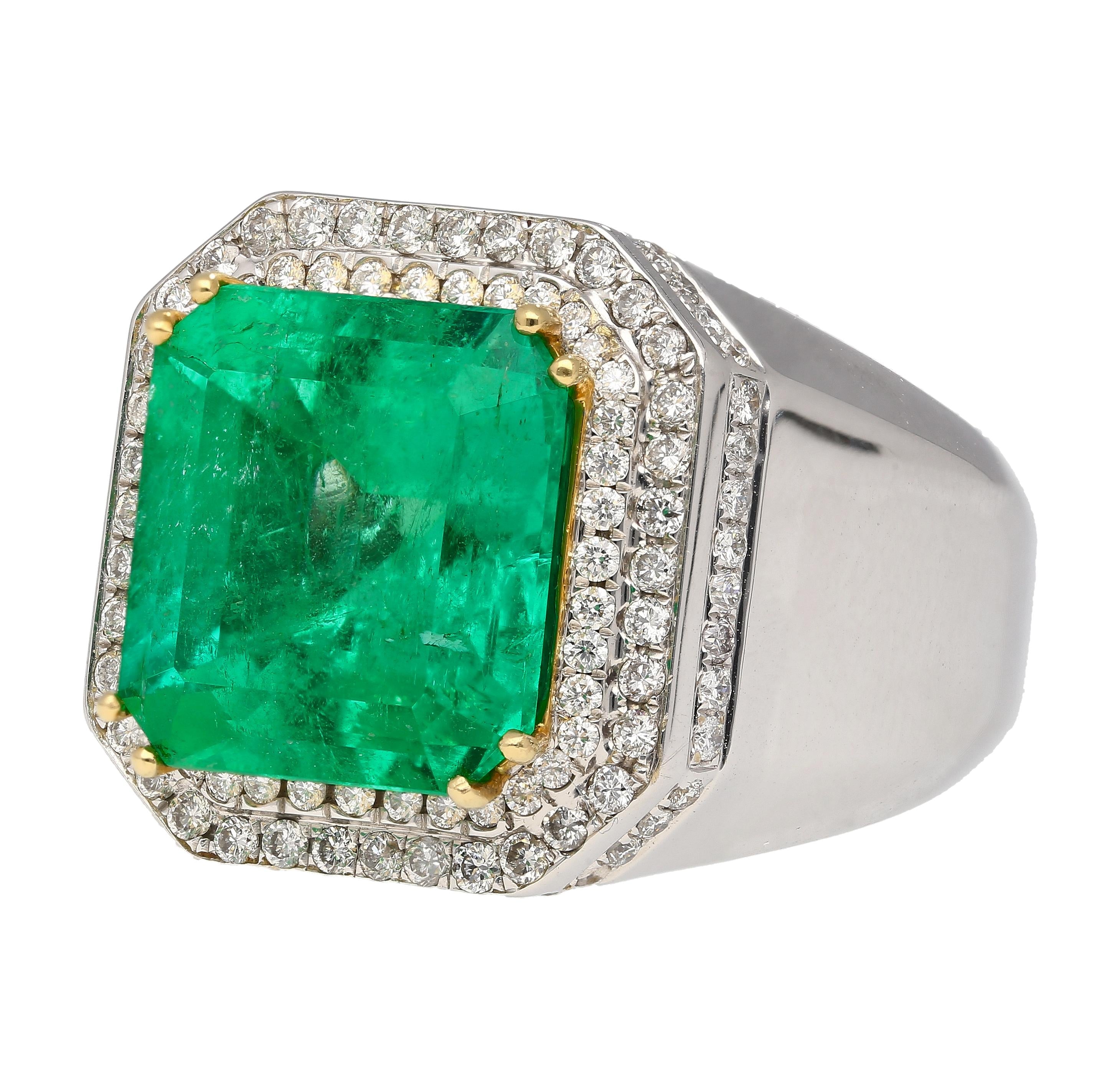 GRS 9.54 Carat Colombian Emerald Insignificant Oil and Diamond Halo Mens Ring