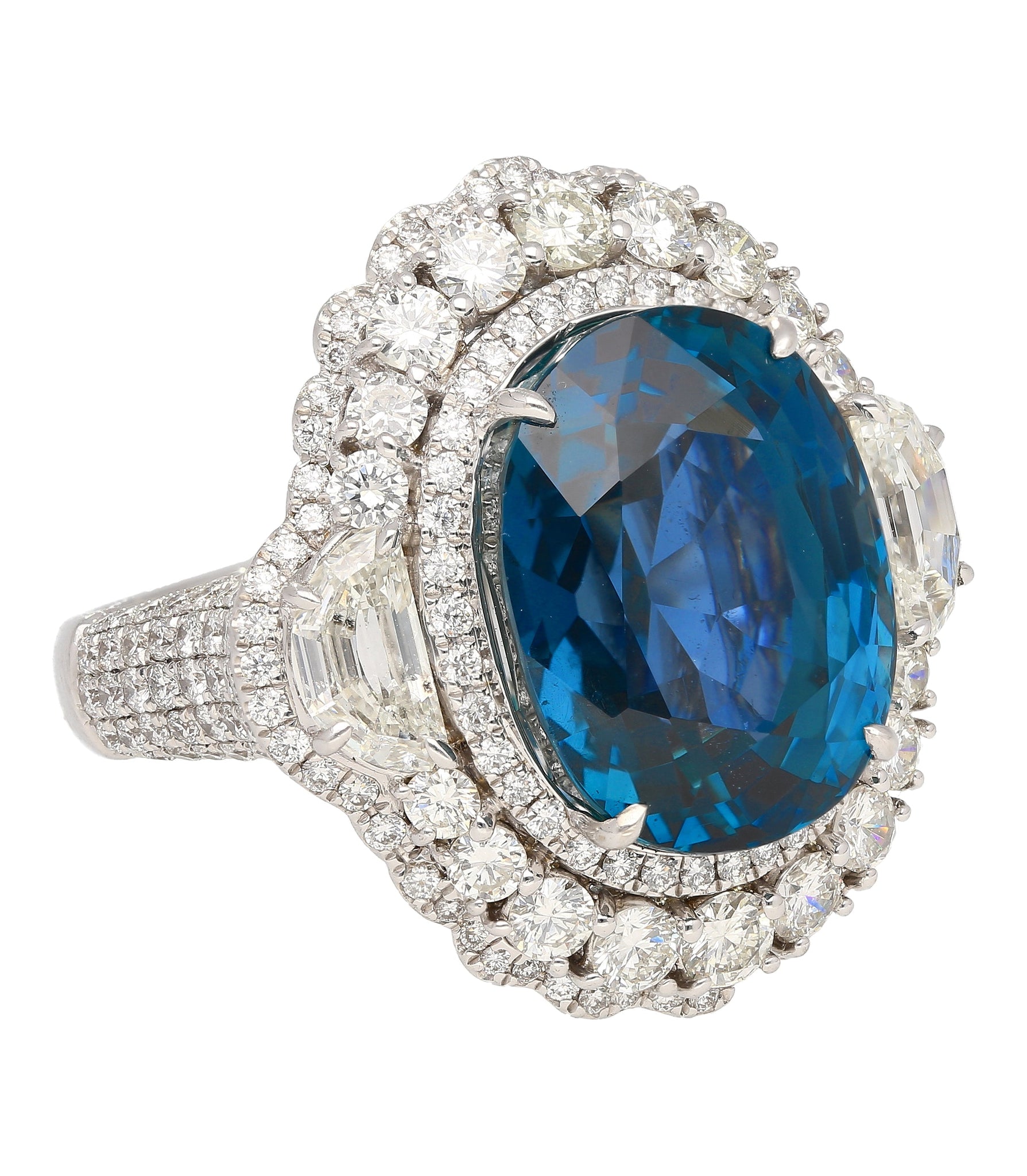 GRS Certified 18.16 Carat No Heat Mogok Burma Oval Cut Blue Sapphire and Diamond Ring