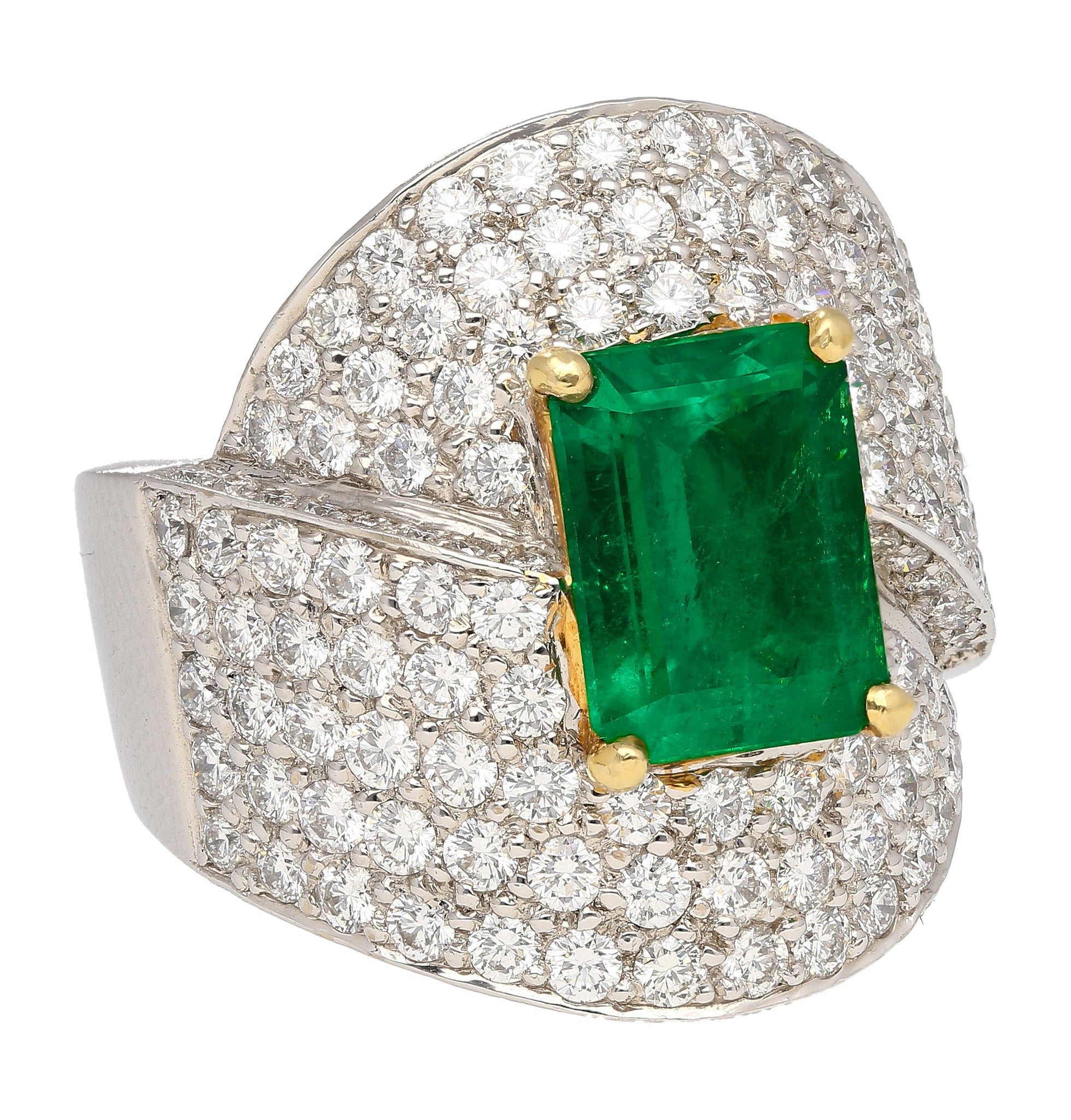 GRS Certified 2.53 Carat Vivid Green Colombian Minor Oil Emerald & Diamond Bypass Ring