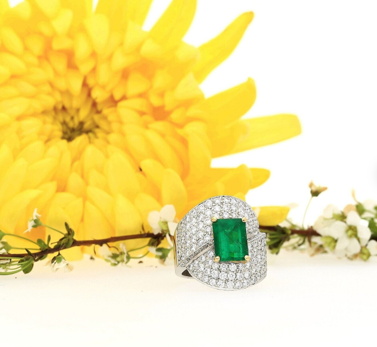 GRS Certified 2.53 Carat Vivid Green Colombian Minor Oil Emerald & Diamond Bypass Ring