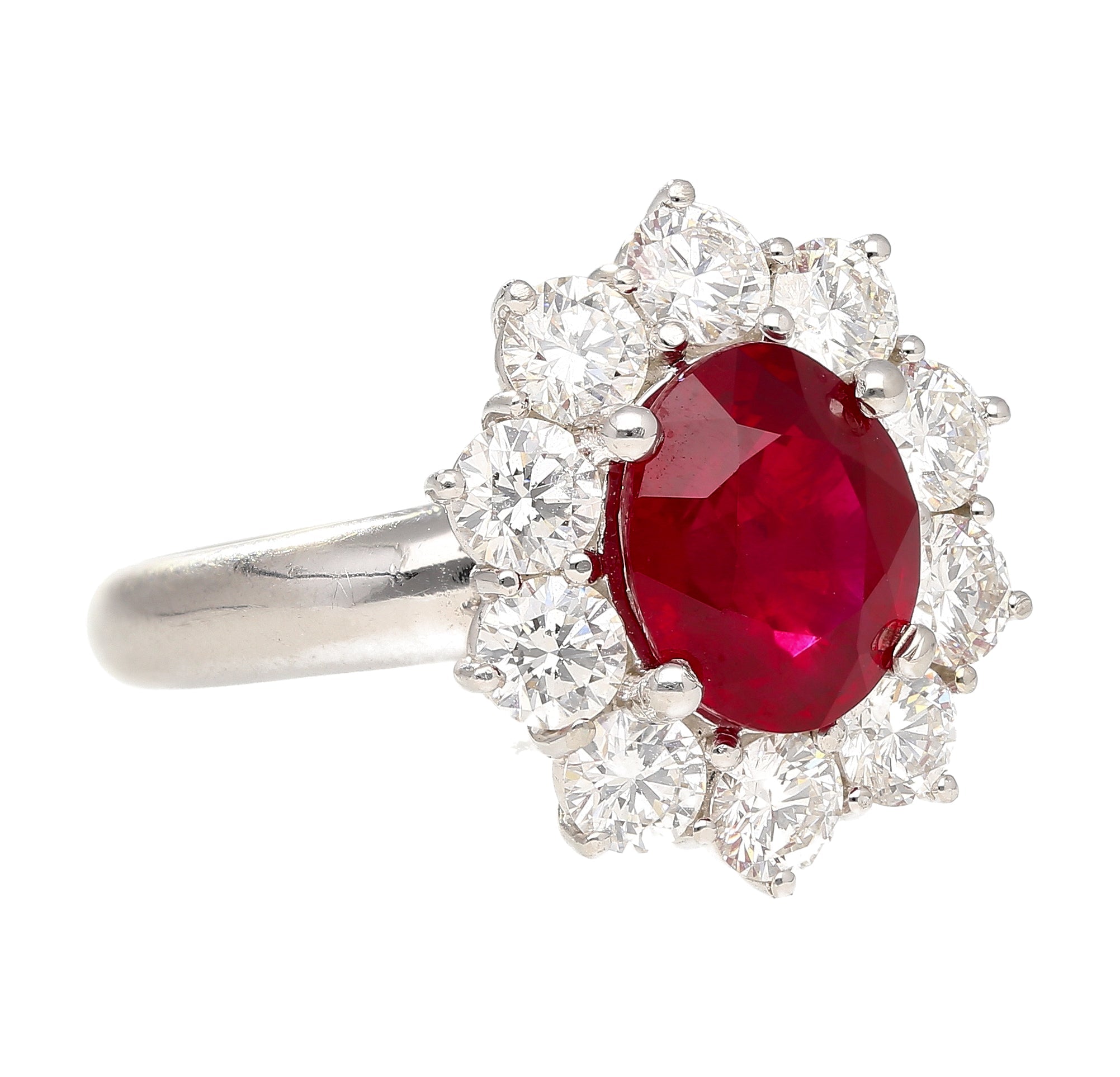 GRS Certified 3 carat Vivid Red "Pigeon Blood" Oval Cut Burma Ruby Ring with Diamond Halo