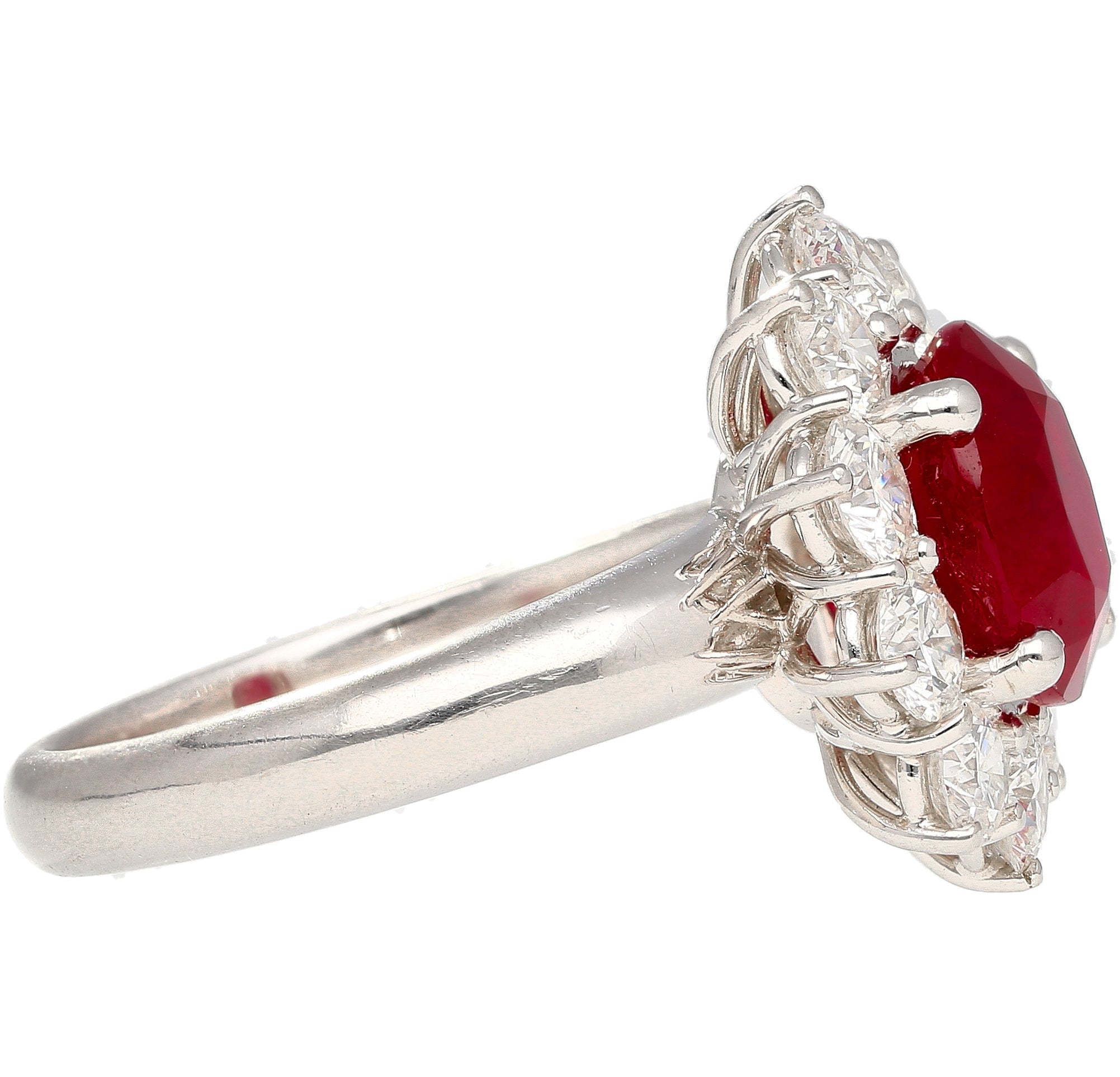 GRS Certified 3 carat Vivid Red "Pigeon Blood" Oval Cut Burma Ruby Ring with Diamond Halo