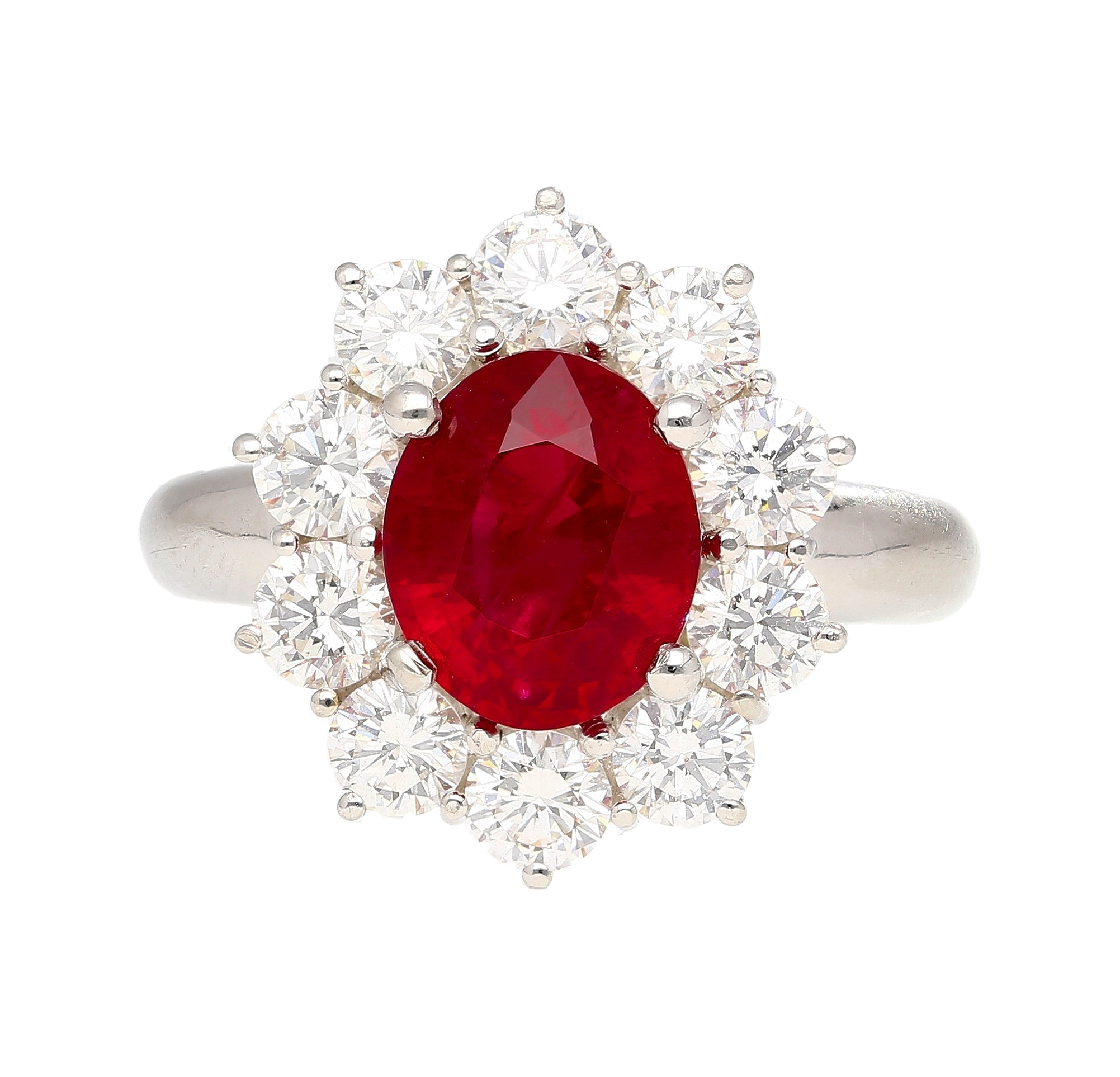 GRS Certified 3 carat Vivid Red "Pigeon Blood" Oval Cut Burma Ruby Ring with Diamond Halo-Rings-ASSAY