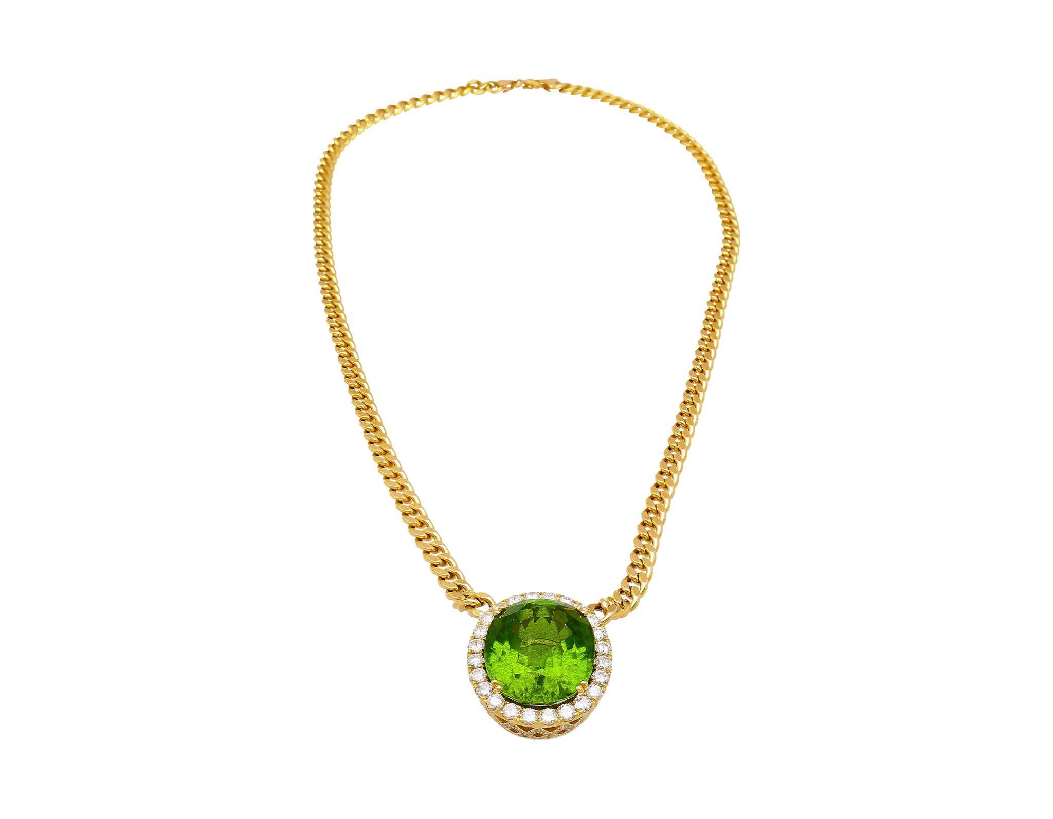 GRS Certified 51 carat Green Oval Cut Peridot with Diamond Halo in 18K Gold Cuban Chain Setting Pendant Necklace-Necklace-ASSAY