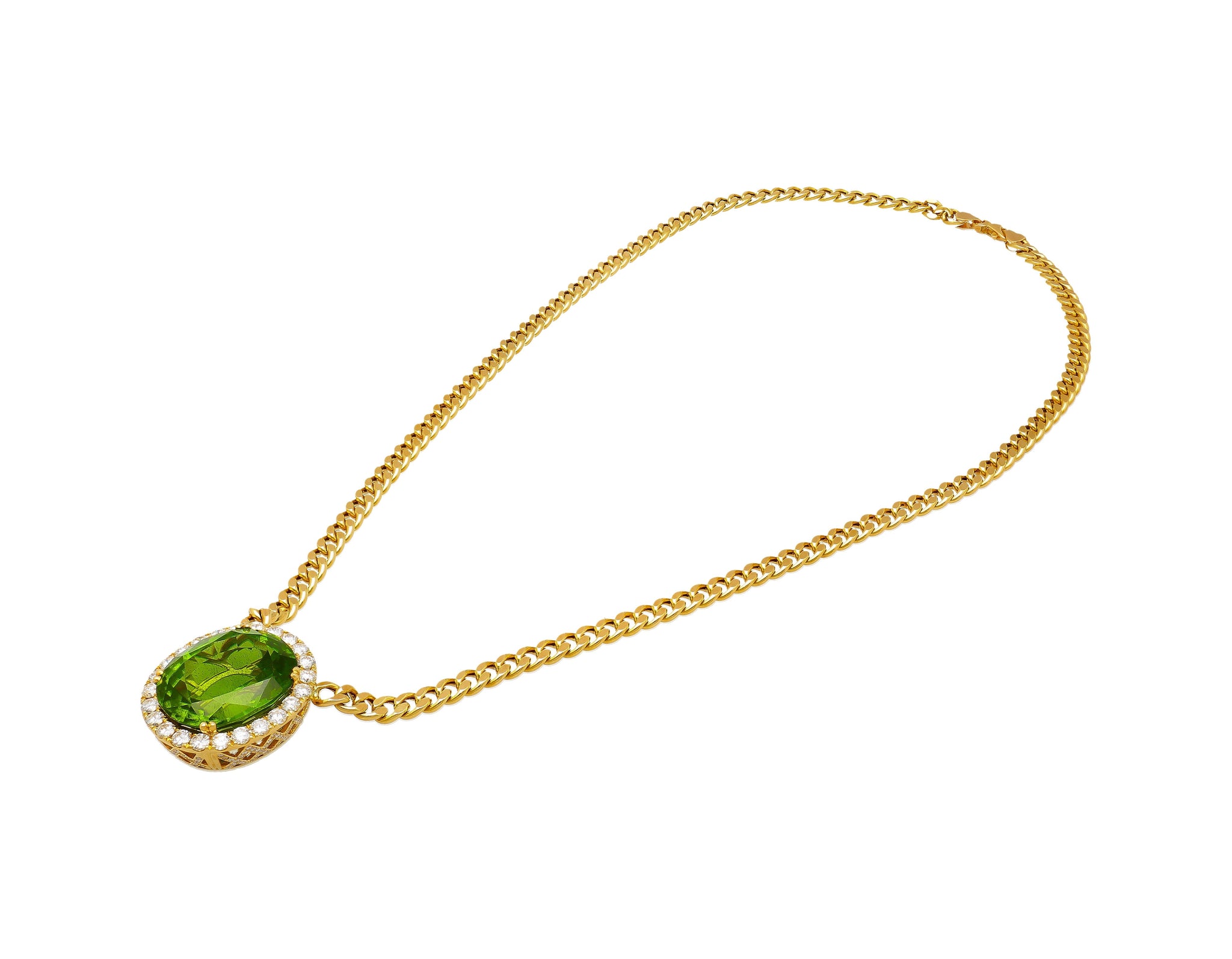 GRS Certified 51 carat Green Oval Cut Peridot with Diamond Halo in 18K Gold Cuban Chain Setting Pendant Necklace