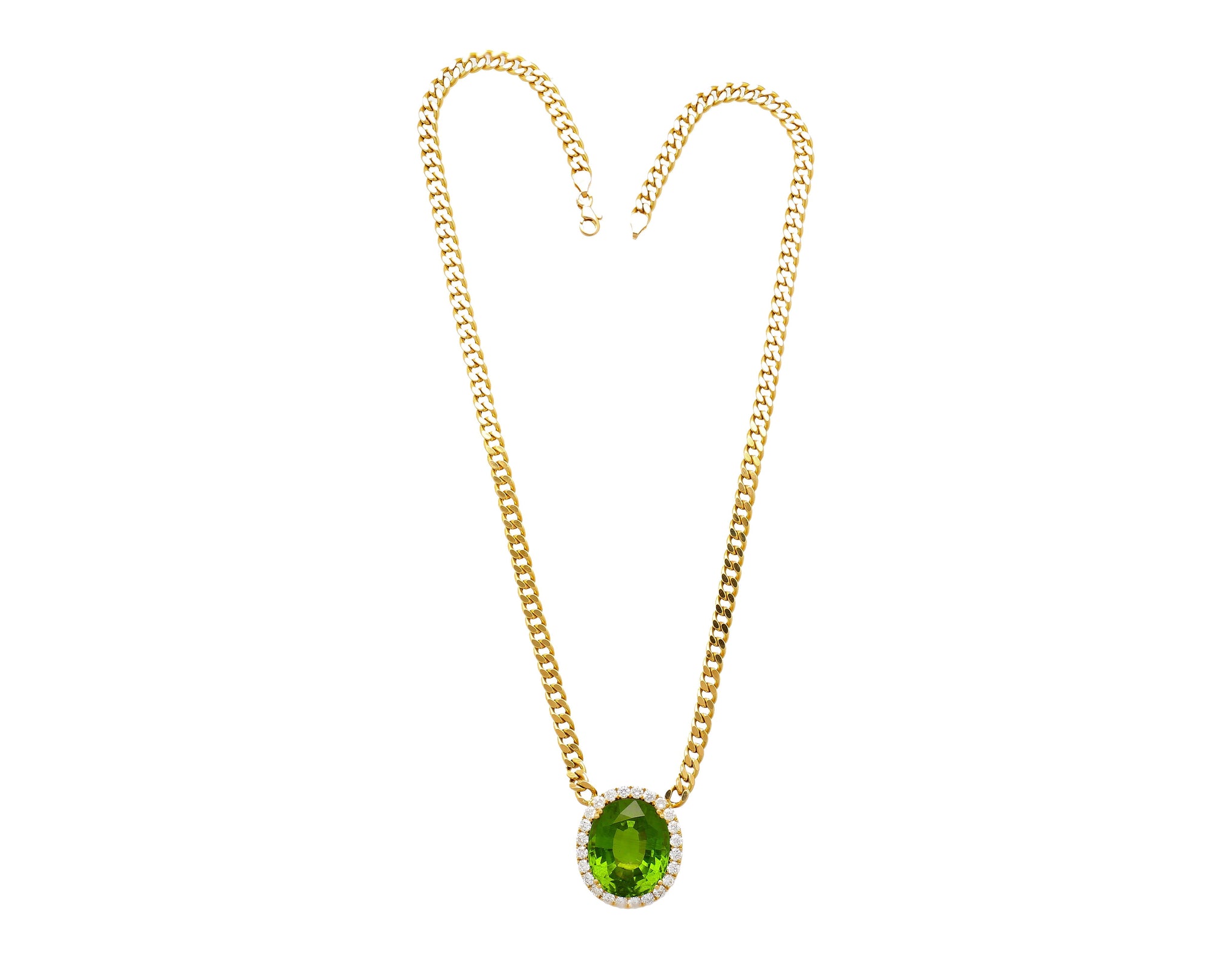 GRS Certified 51 carat Green Oval Cut Peridot with Diamond Halo in 18K Gold Cuban Chain Setting Pendant Necklace