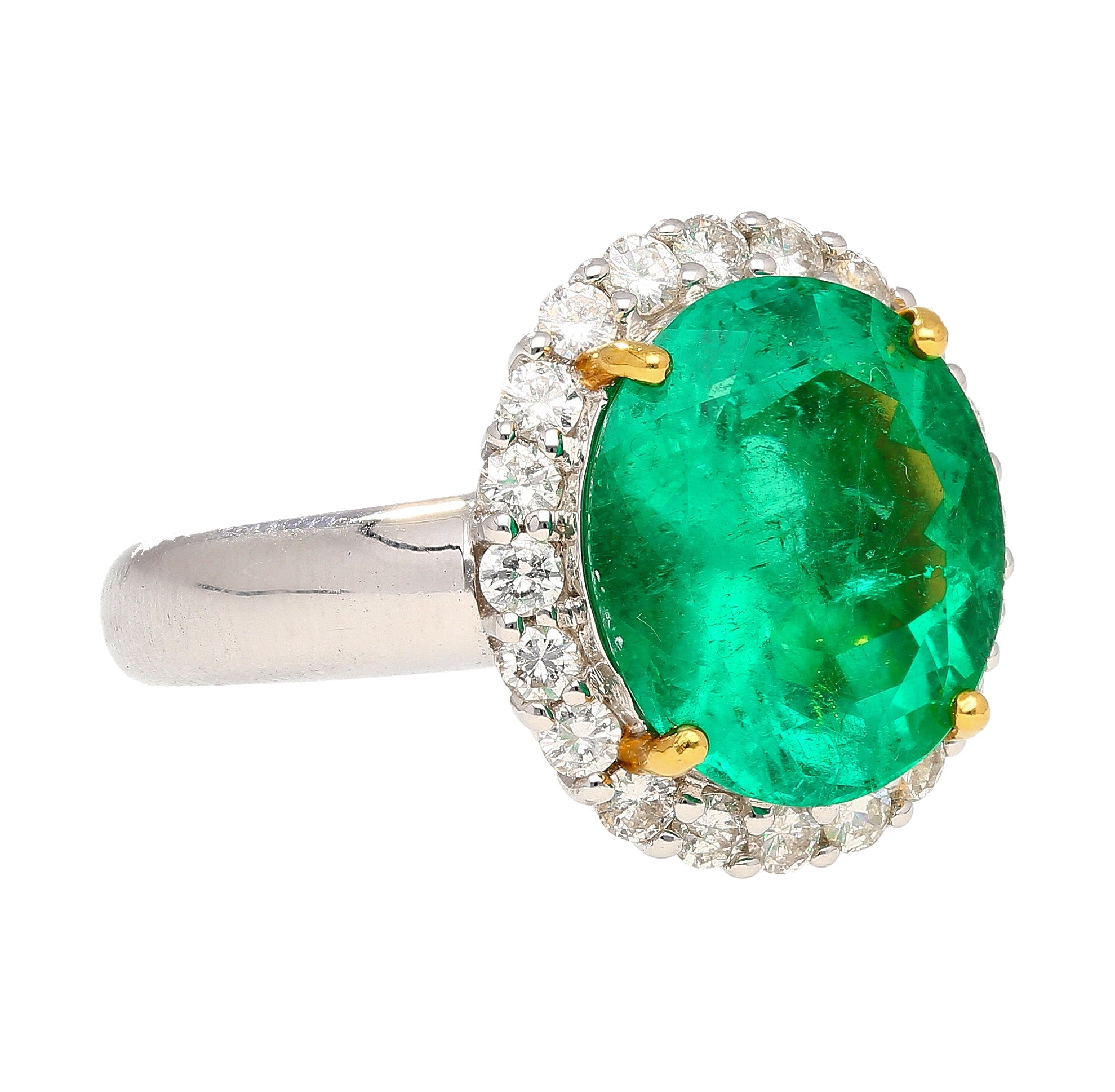 GRS Certified 5.03 Carat Oval Cut Minor Oil Colombian Emerald Ring with Diamond Halo in 18K White Gold