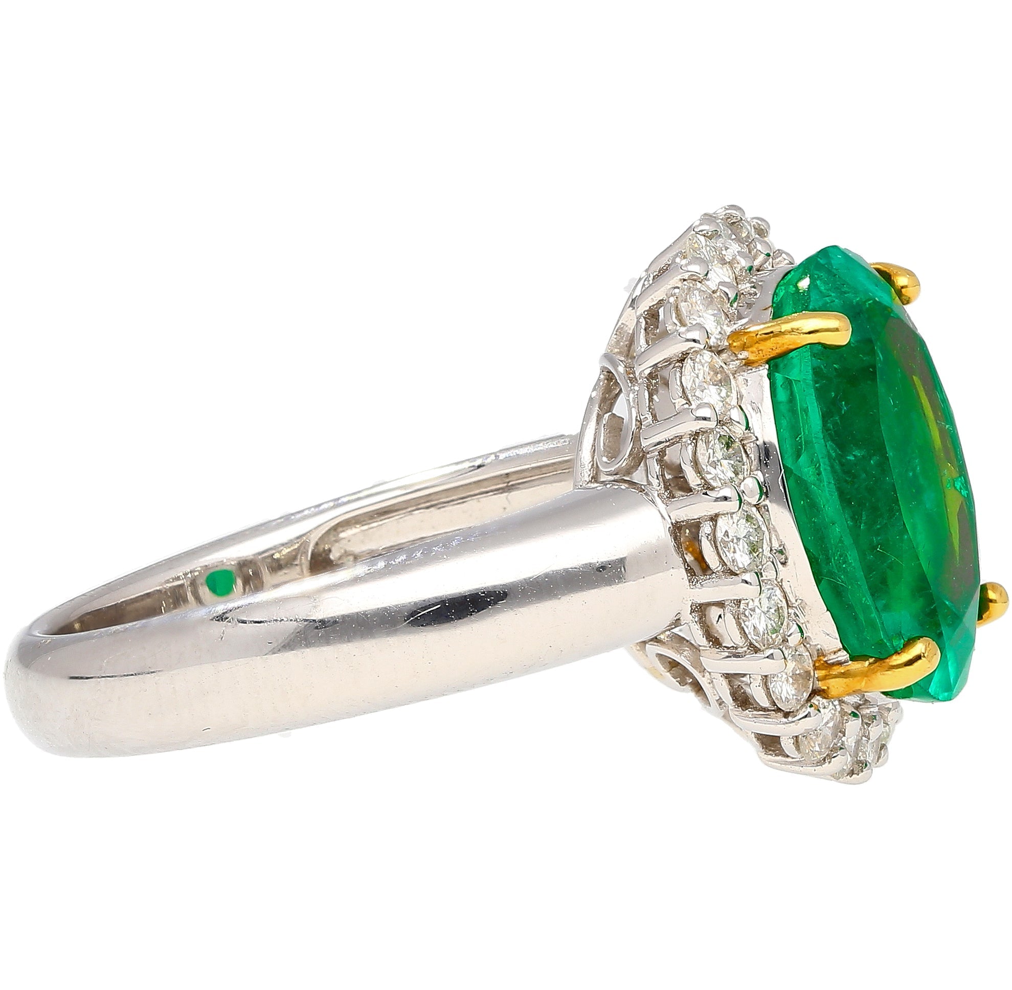 GRS Certified 5.03 Carat Oval Cut Minor Oil Colombian Emerald Ring with Diamond Halo in 18K White Gold