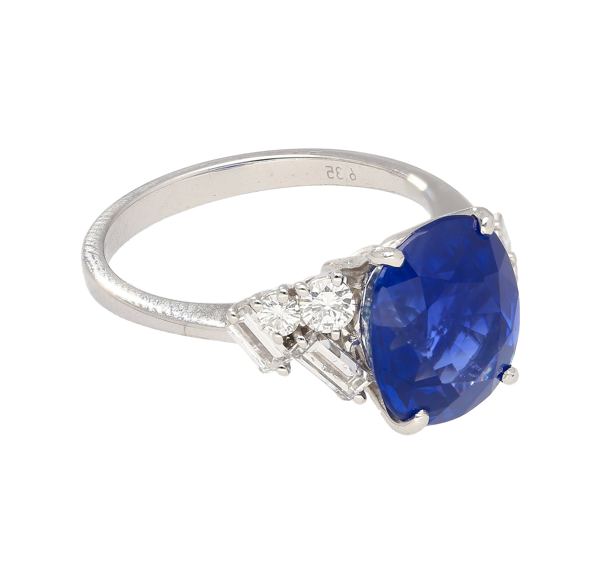 GRS Certified 6.35 Carat Oval Cut Royal Blue Sapphire with Diamonds in Platinum Ring