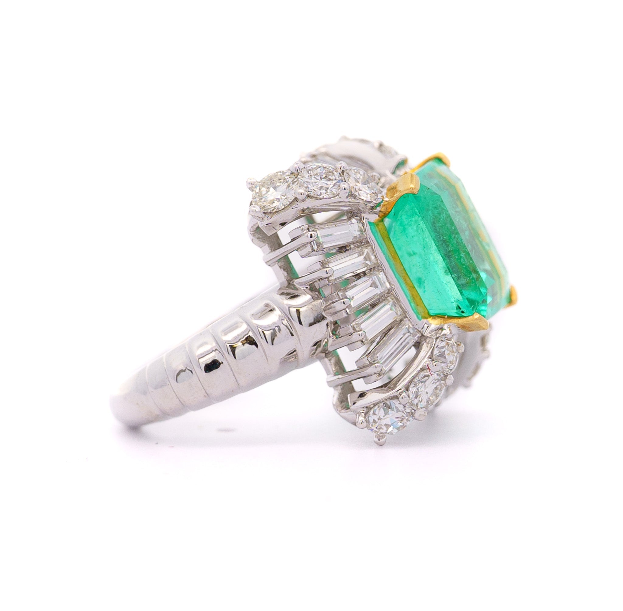 GRS Certified 6.78 carat Colombian Emerald and Baguette Cut Diamond Ring