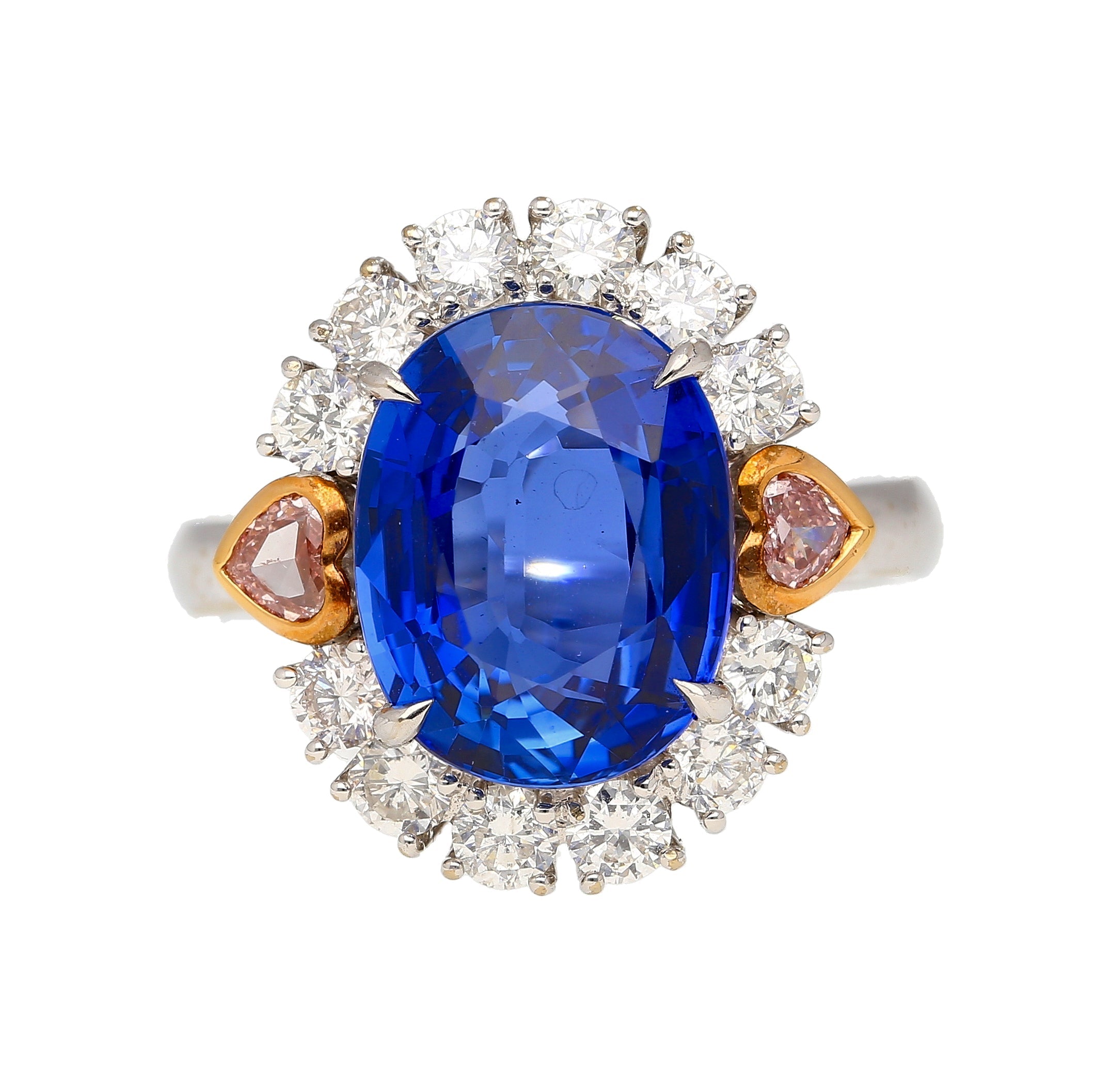 GRS Certified 7.25 Carat No Heat Oval Cut Blue Sapphire Ring With Pink Diamond Sides-Rings-ASSAY