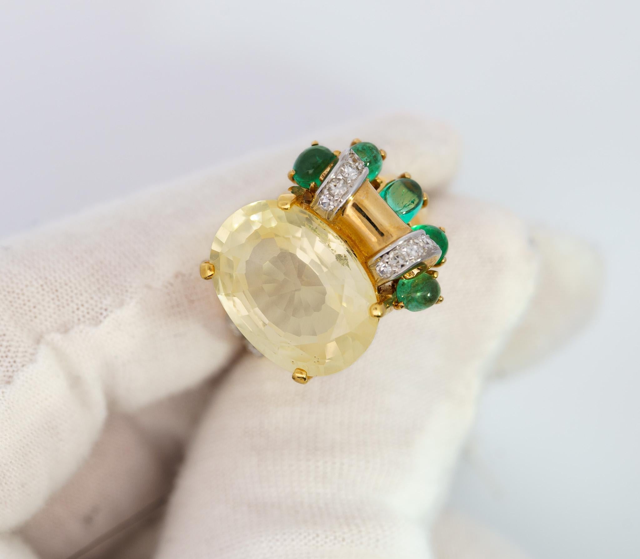 GRS Certified No Heat 12.61 Carat Oval Yellow Sapphire & Emerald Floral Ring