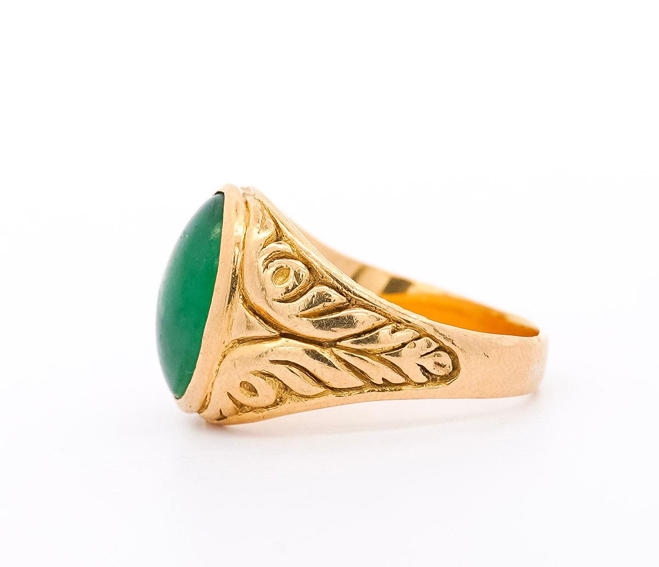 Grade A Jadeite Jade in 22K Carved Gold Solitaire Bezel Set Unisex Ring