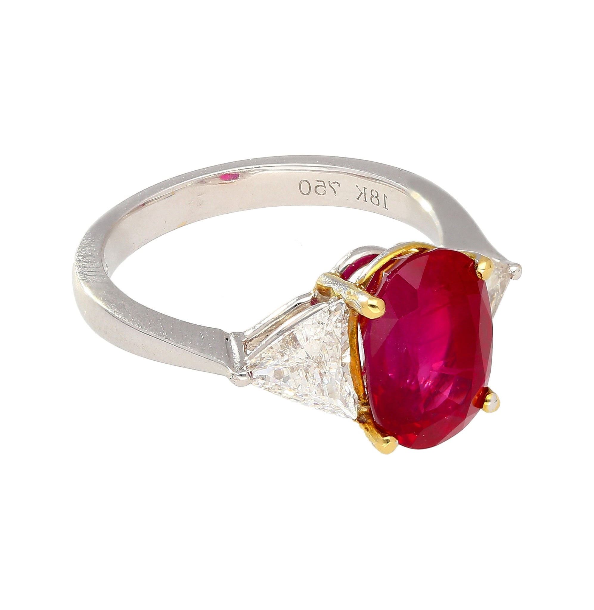 Gubelin Certified 4.47 Oval Cut Ruby with Trillion Cut Diamond Sides in 18K White Gold Ring-Rings-ASSAY