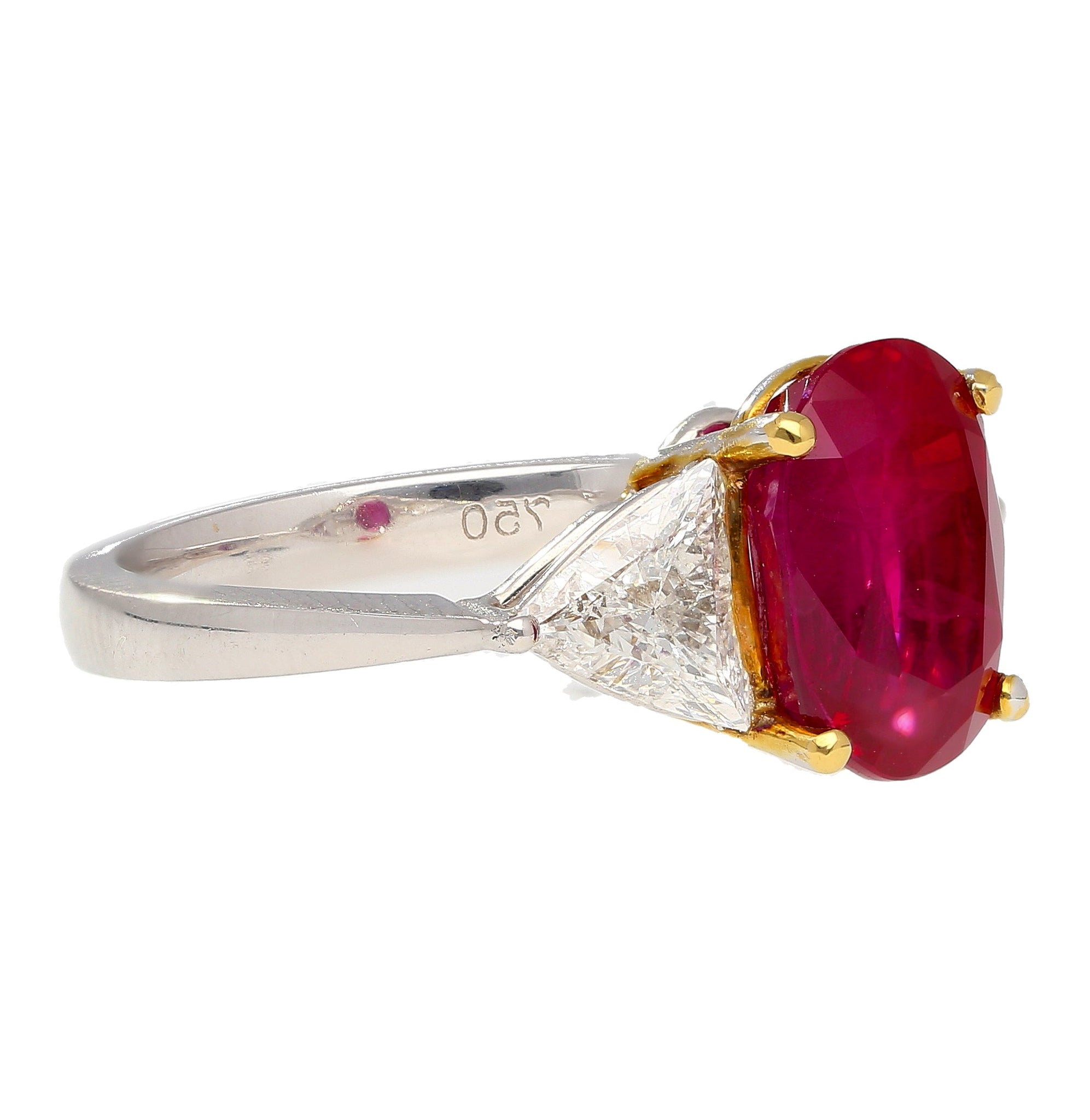 Gubelin Certified 4.47 Oval Cut Ruby with Trillion Cut Diamond Sides in 18K White Gold Ring-Rings-ASSAY
