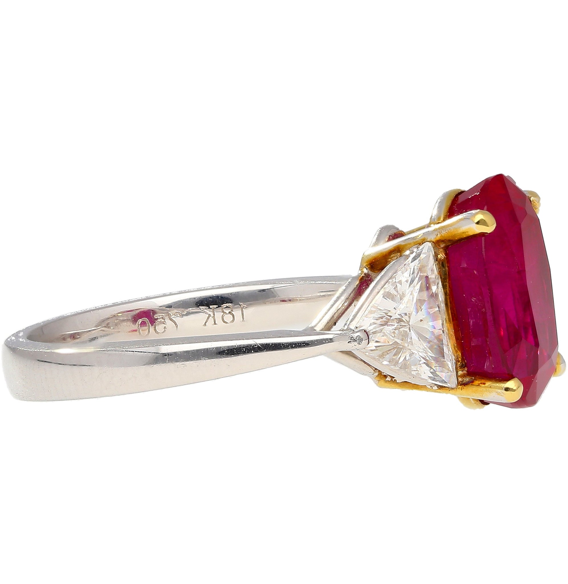 Gubelin Certified 4.47 Oval Cut Ruby with Trillion Cut Diamond Sides in 18K White Gold Ring