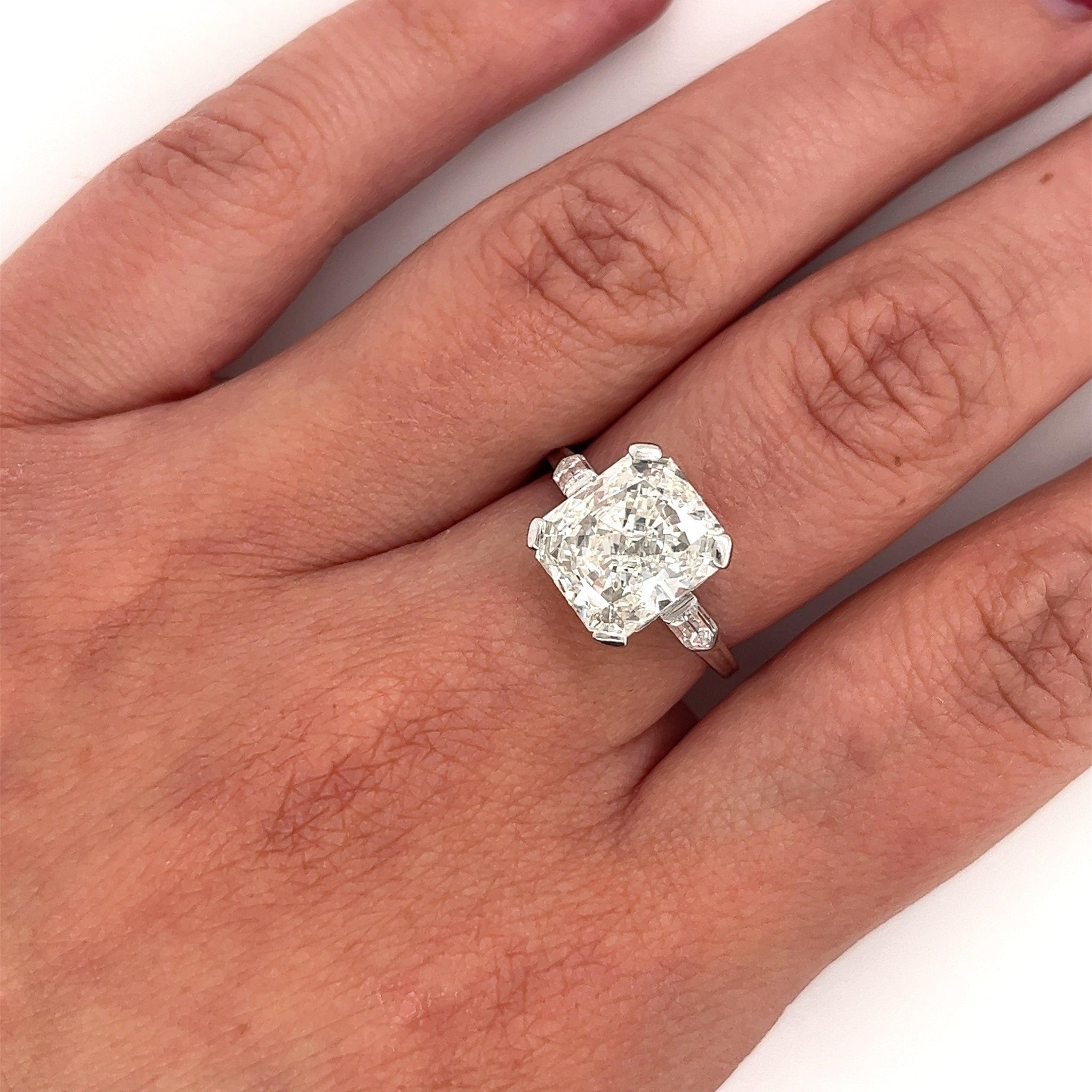 IGI Certified 5 Carat Lab Grown CVD Diamond Art Deco Engagement Ring in Platinum with 2 Bullet Cut Side Stones