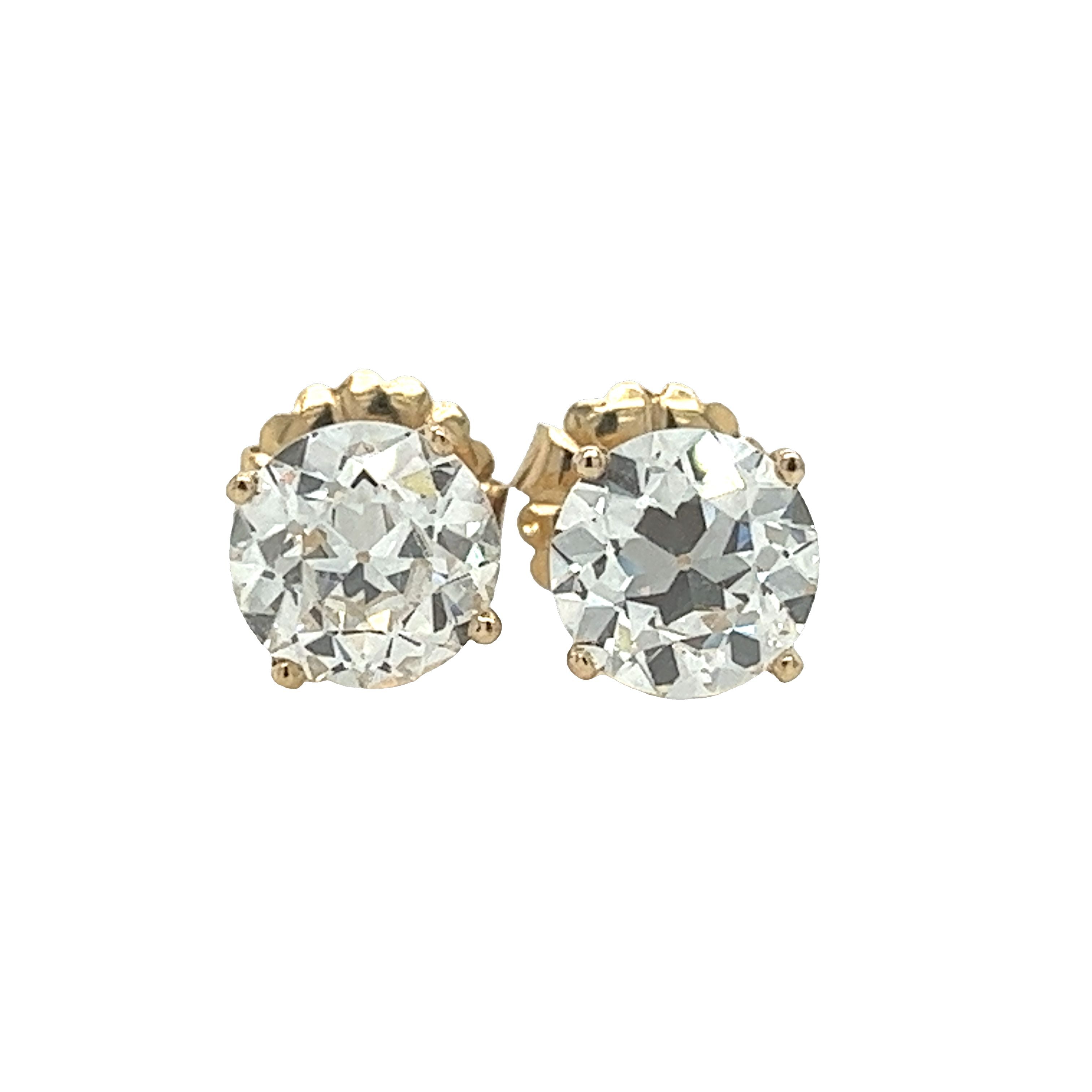 IGI Certified 6 Carat Total Old European Cut Lab Grown Diamond Stud Earrings 14K Yellow Gold-Earrings-ASSAY