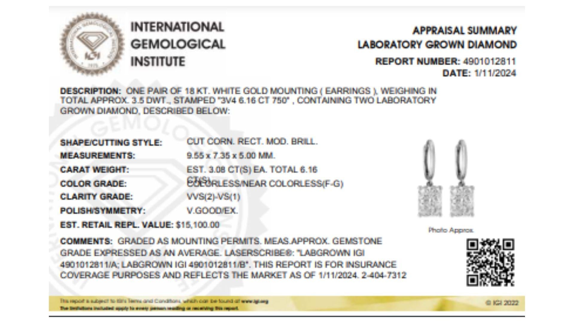IGI Certified 6.86-6.16 Carats CVD Lab Grown Diamond Suspended Hoop Earring