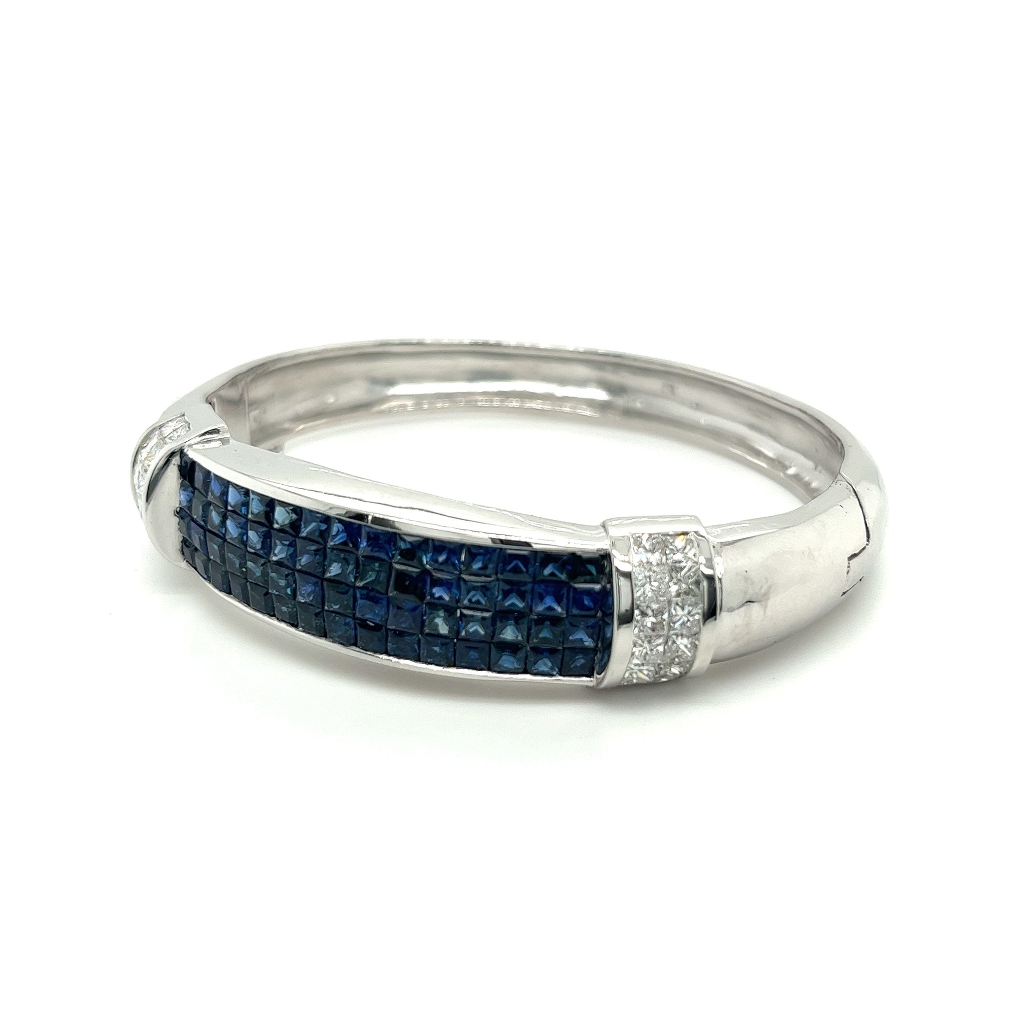 Invisible Set 19 Carat Square Cut Blue Sapphire and Diamond Bangle in 14K White Gold-Bracelet-ASSAY
