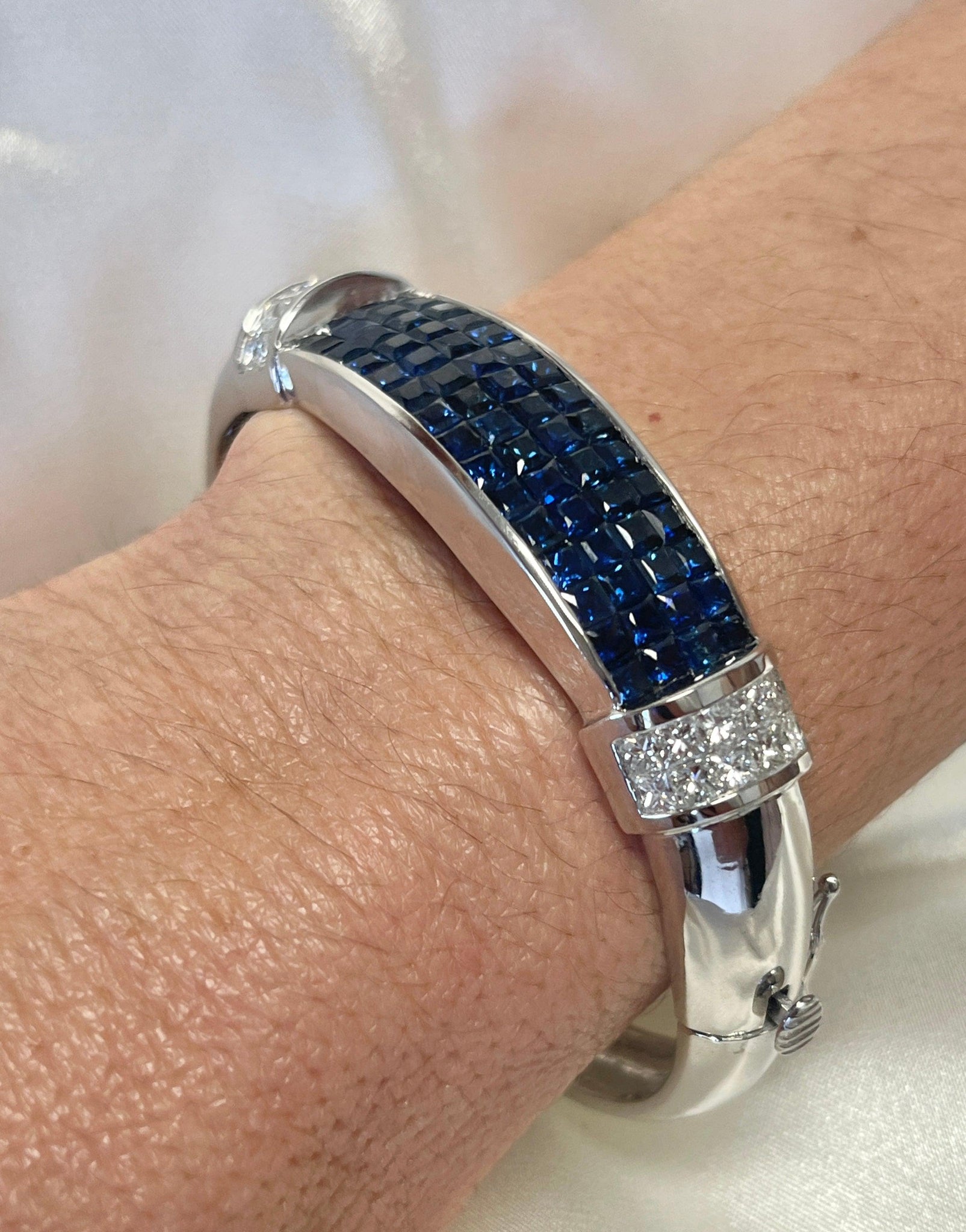Invisible Set 19 Carat Square Cut Blue Sapphire and Diamond Bangle in 14K White Gold-Bracelet-ASSAY