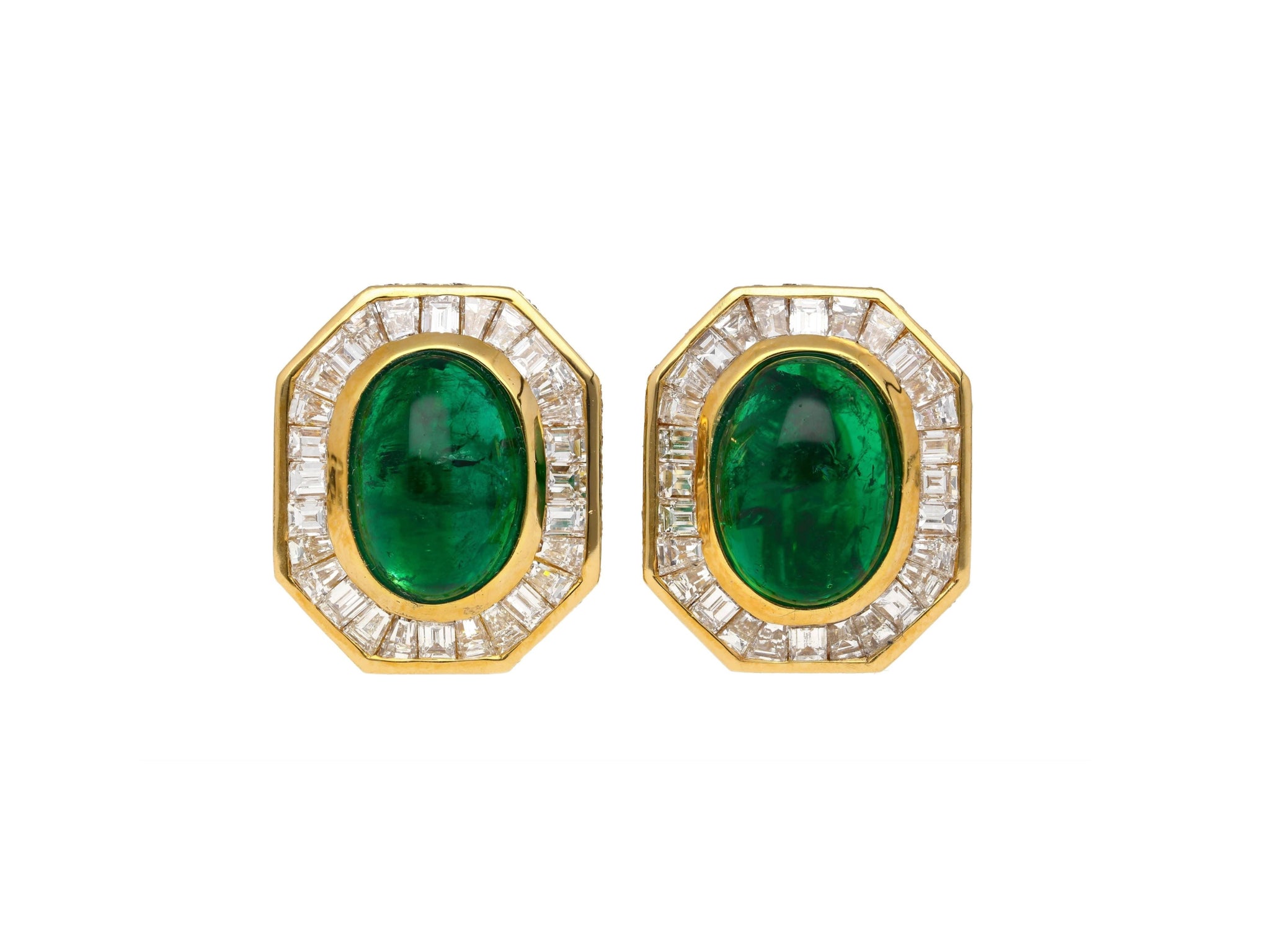 Mouawad Signed Vivid Cabochon Emeralds & Baguette Diamond Halo Clip On Earrings