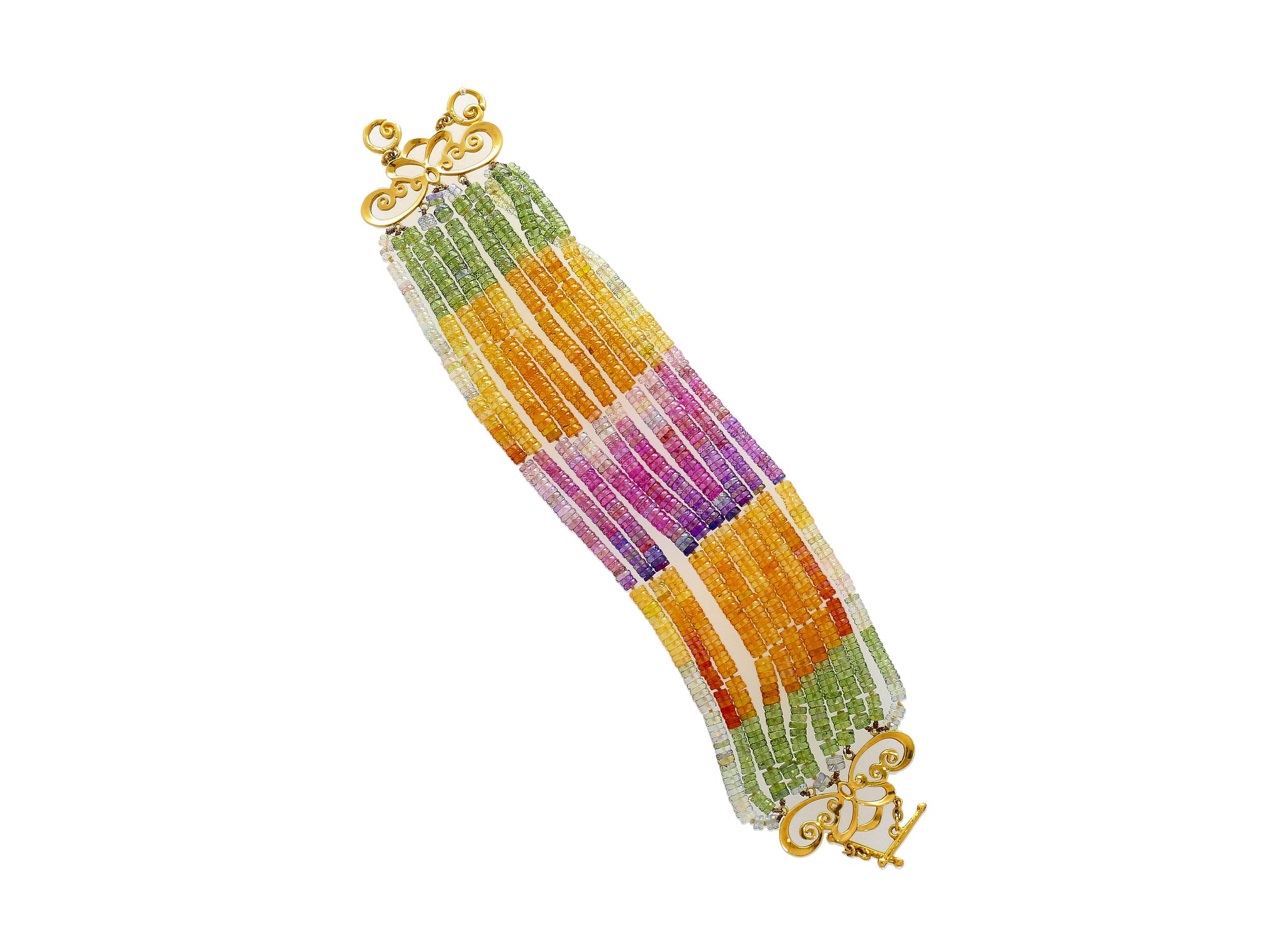 Multi Color Sapphire Bead and Diamond Bracelet in Designed 18K Yellow Gold