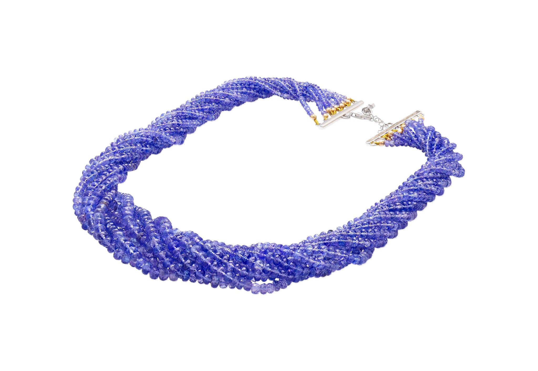 Multi-Strand Blue Tanzanite Beads & Round Cut Diamond Necklace in 18K White Gold