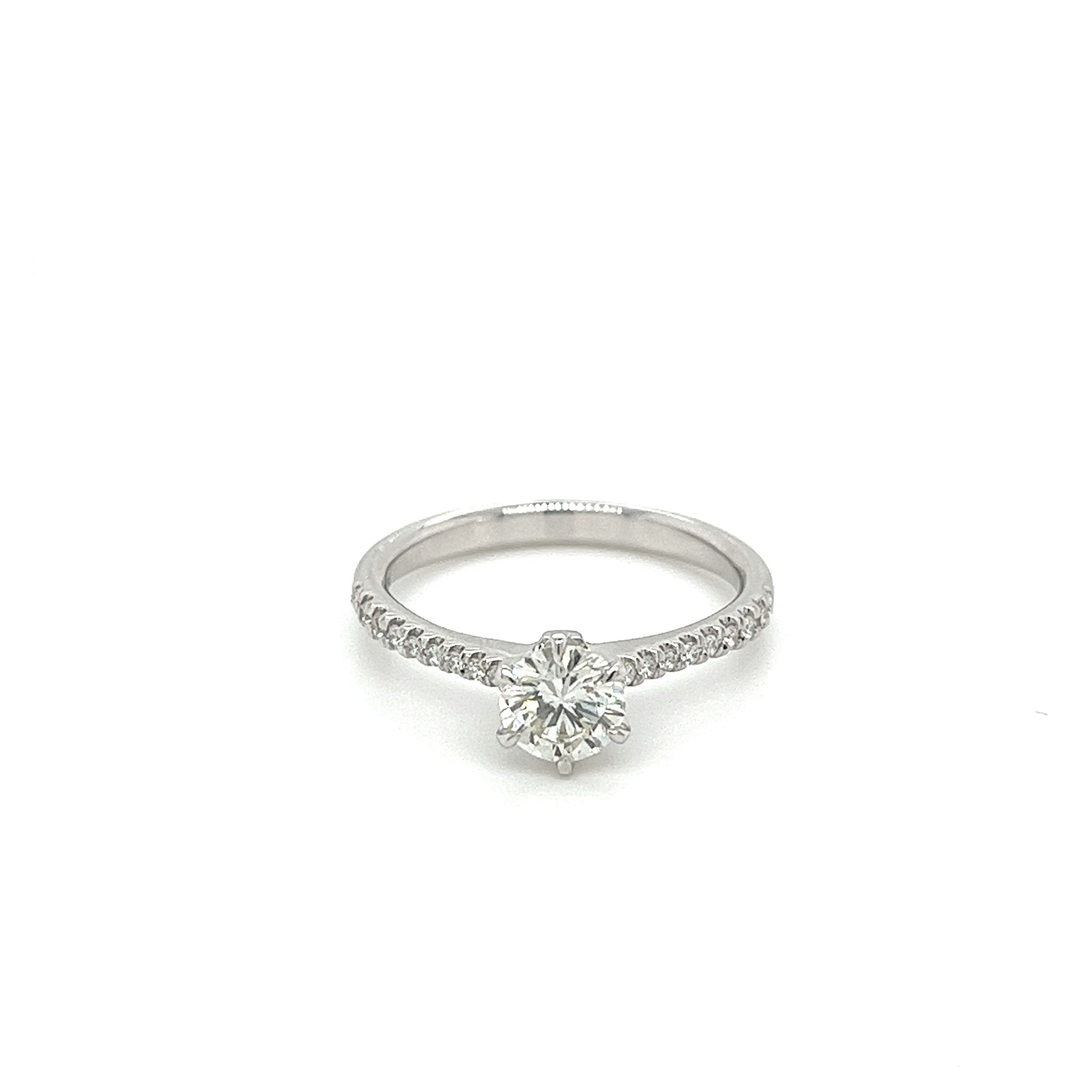 Natural 0.60 Carat Diamond Engagement Ring with 6-prong Straight Shank Diamond Sides in 18K White Gold