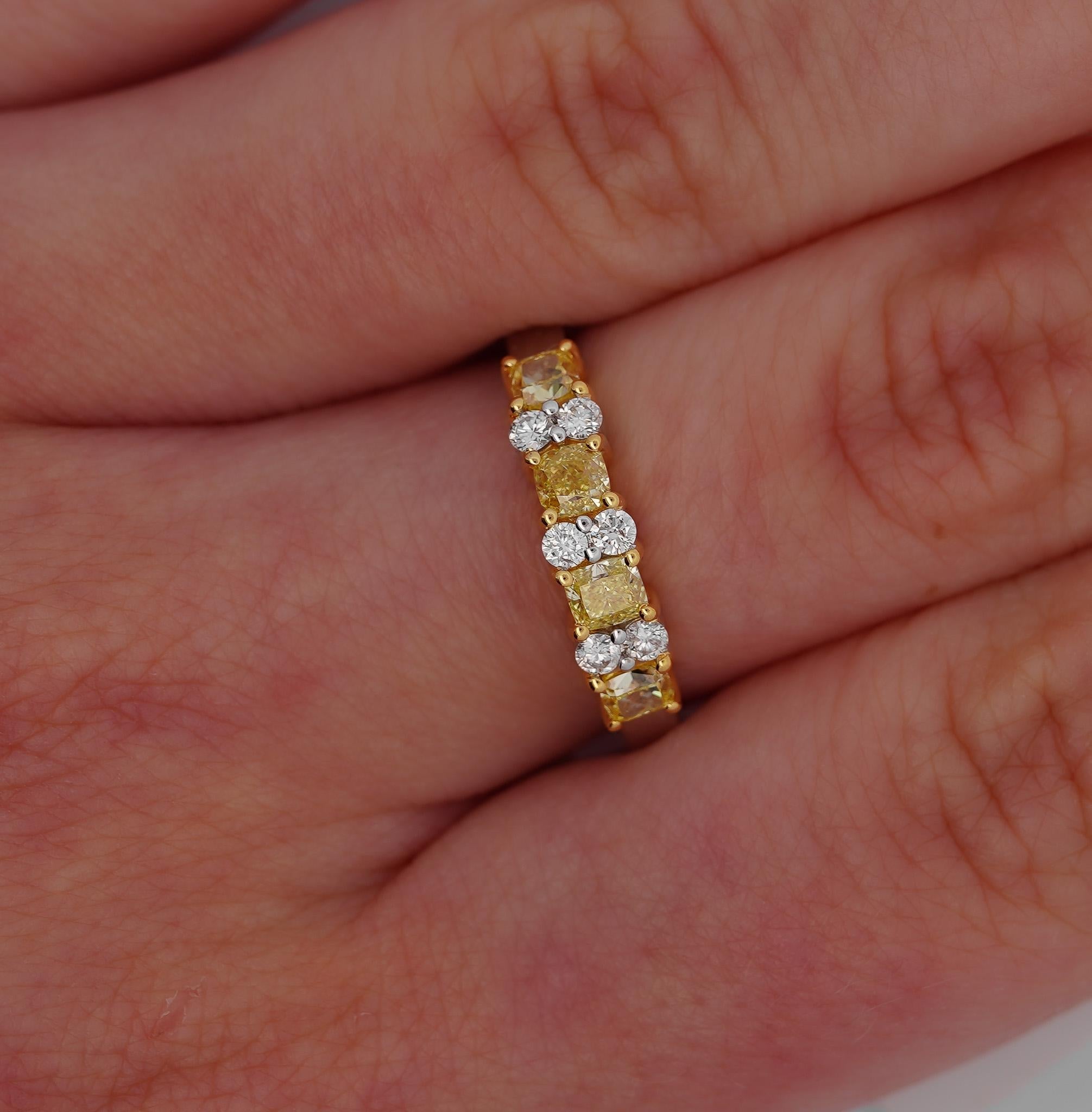 Natural 1 Carat Cushion-Cut Fancy Yellow Diamond & Diamond 5-stone Ring