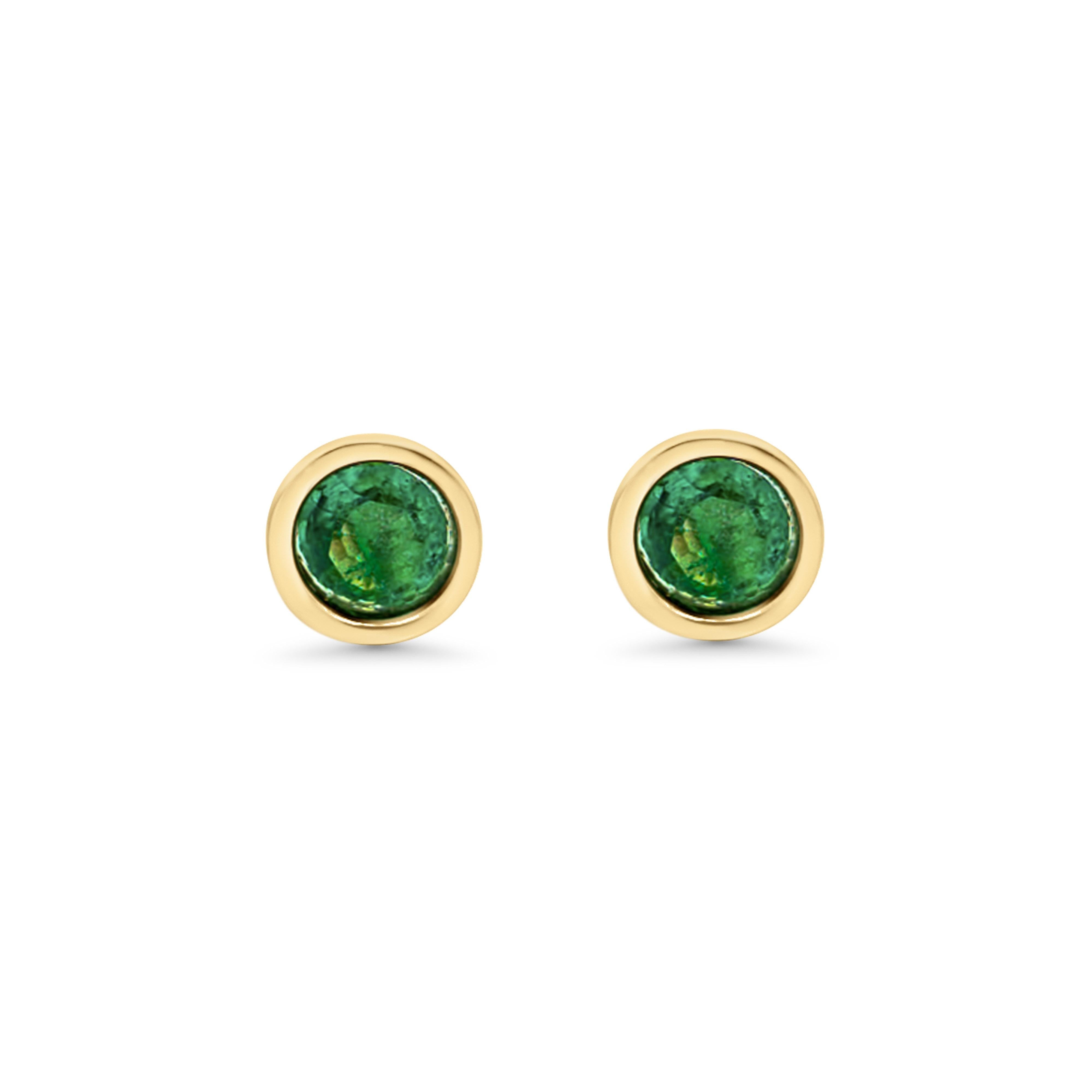2 Carat Emerald Round Bezel Stud Earrings in 14K Yellow Gold