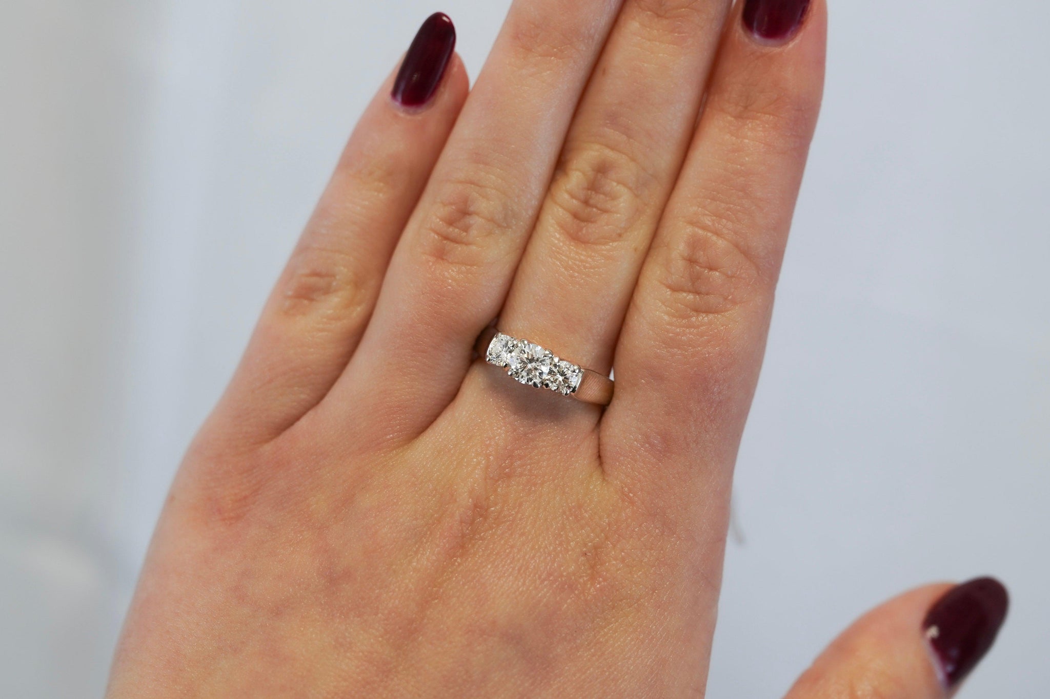 Natural 1.30 Carat Round-Brilliant Diamond Three Stone Ring in 14K White Gold