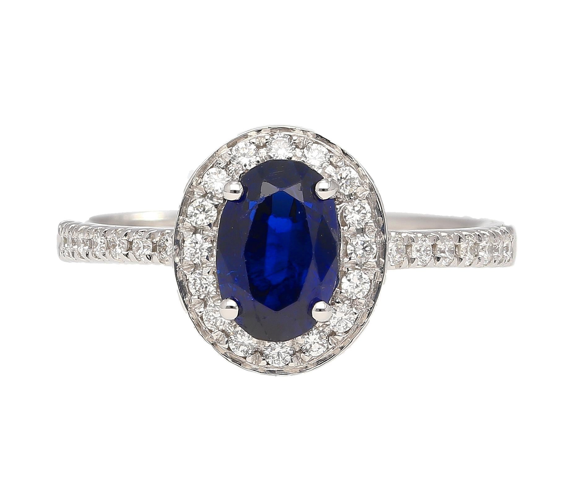 Natural 1.45 Carat Oval Cut Blue Sapphire and Diamond Halo 18k White Gold Ring