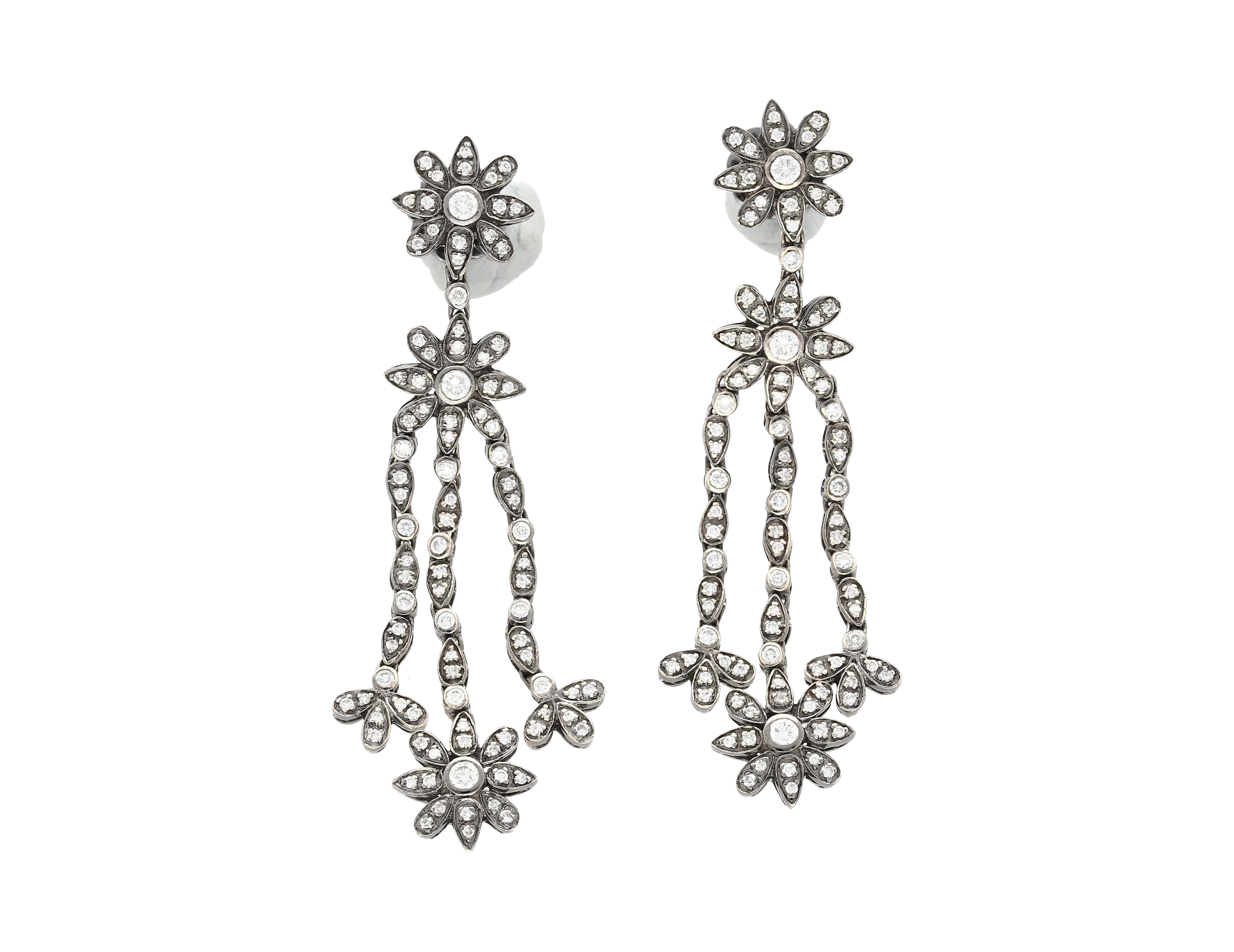 Natural 2 Carat Floral Diamond Dangle Drop Earrings in 18K White & Black Gold-Earrings-ASSAY