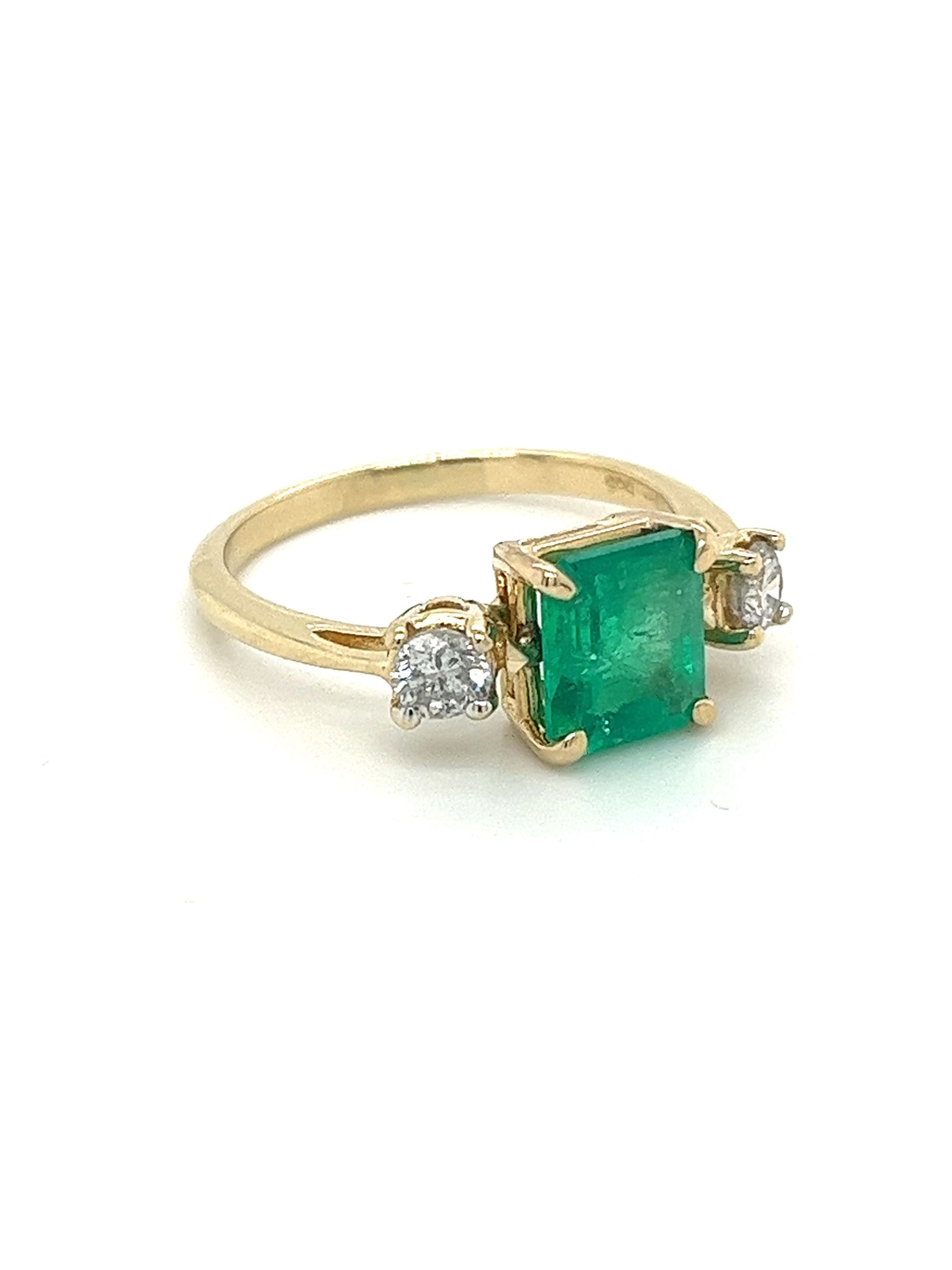 Natural 2.05 Carat Colombian Emerald and Diamond Three-Stone Thin Band Ring in 14K Yellow Gold