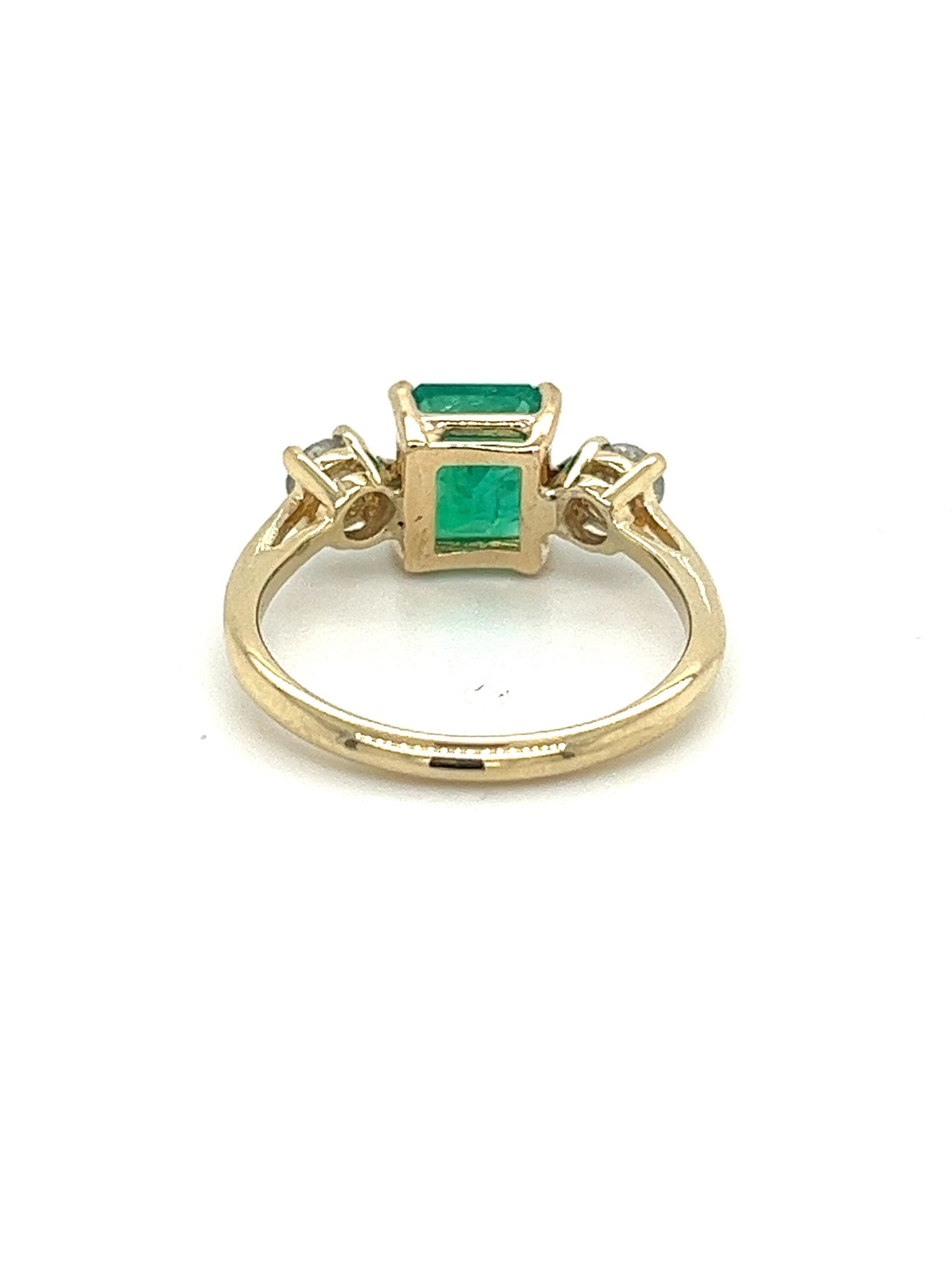 Natural 2.05 Carat Colombian Emerald and Diamond Three-Stone Thin Band Ring in 14K Yellow Gold
