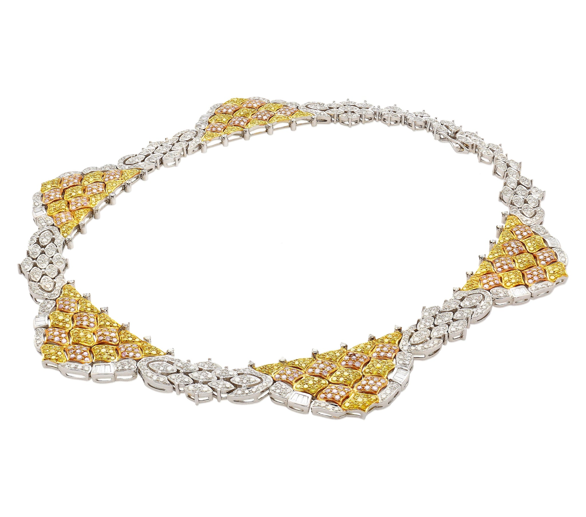 Natural 35 Carat Pink, White, & Yellow Diamond 18K Three Tone Necklace Choker