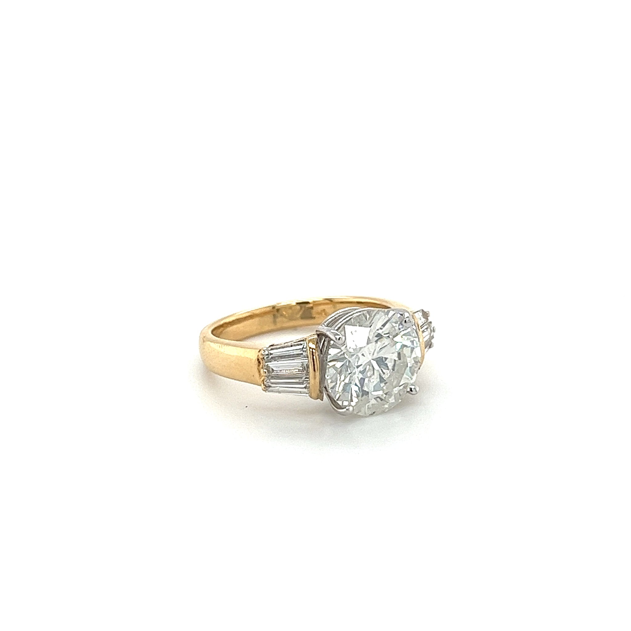 Natural 4.21 Carat Round Diamond Engagement Ring With Baguette Diamonds in Two Tone 18k Gold