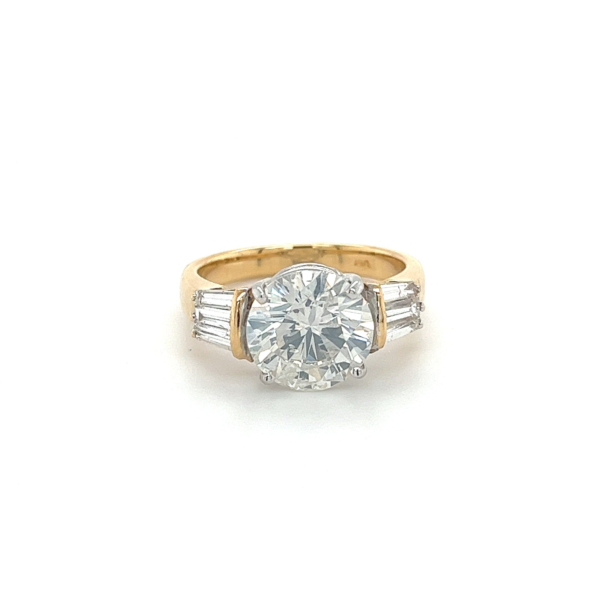 Natural 4.21 Carat Round Diamond Engagement Ring With Baguette Diamonds in Two Tone 18k Gold-Engagement Ring-ASSAY