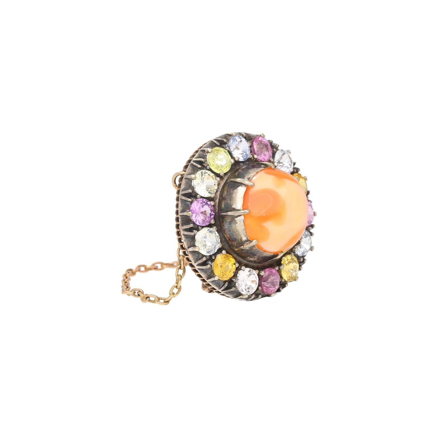 Natural 4.64 Carat Opal Pin with Multi Color Sapphire Detailing in Gold & Silver