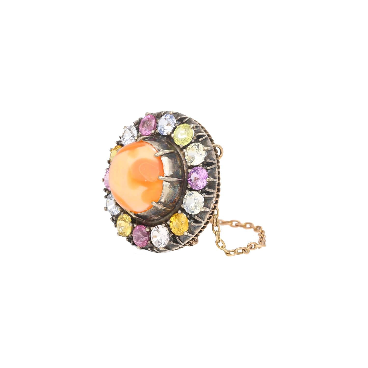 Natural 4.64 Carat Opal Pin with Multi Color Sapphire Detailing in Gold & Silver