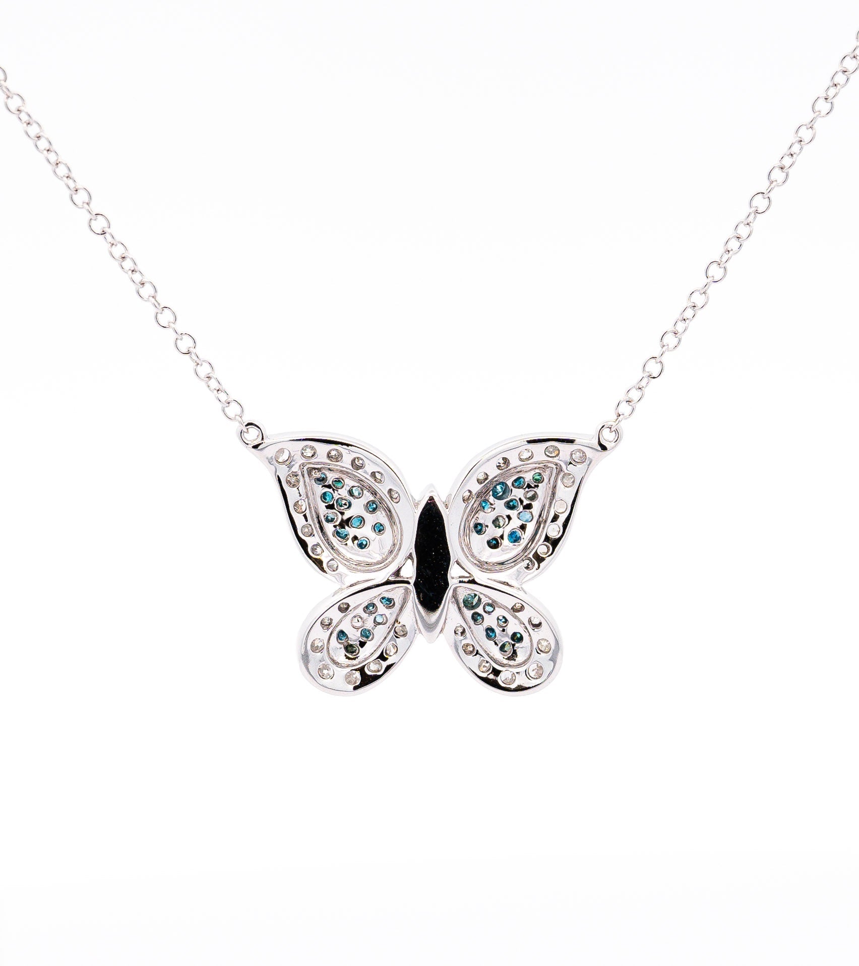 Natural Blue and White Diamond Cluster Butterfly Charm Floating Pendant Necklace-Necklace-ASSAY