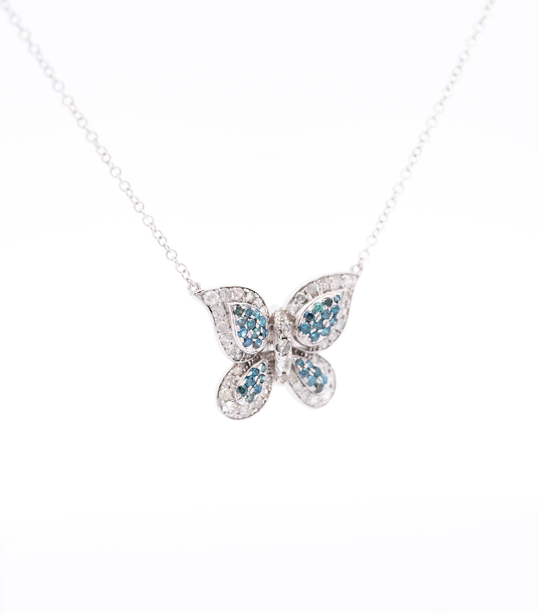 Natural Blue and White Diamond Cluster Butterfly Charm Floating Pendant Necklace-Necklace-ASSAY