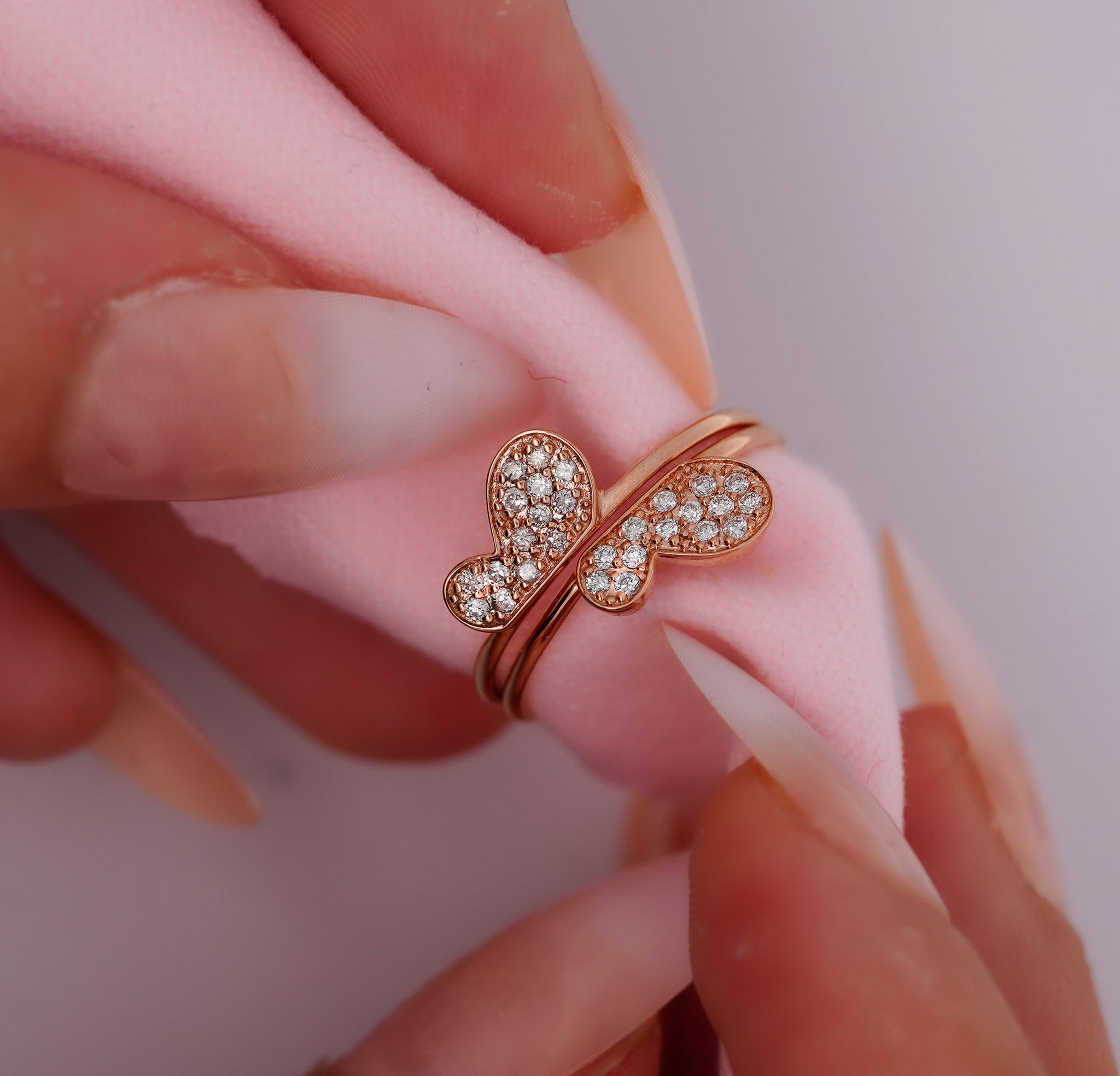 Natural Diamond Butterfly Ring 14K Gold Two Piece Sharing Stack Ring
